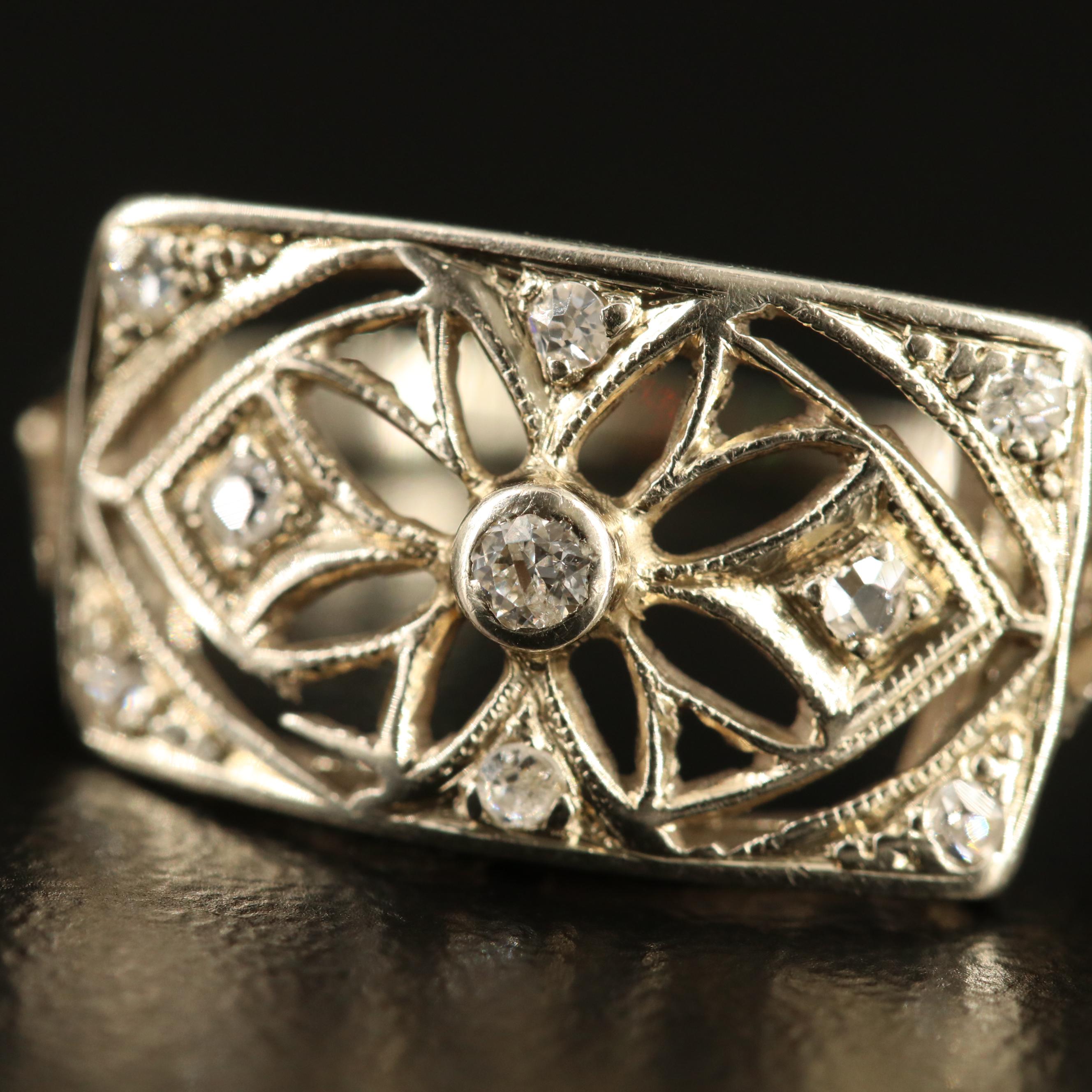 Art Deco 14K Diamond Floral Motif Ring