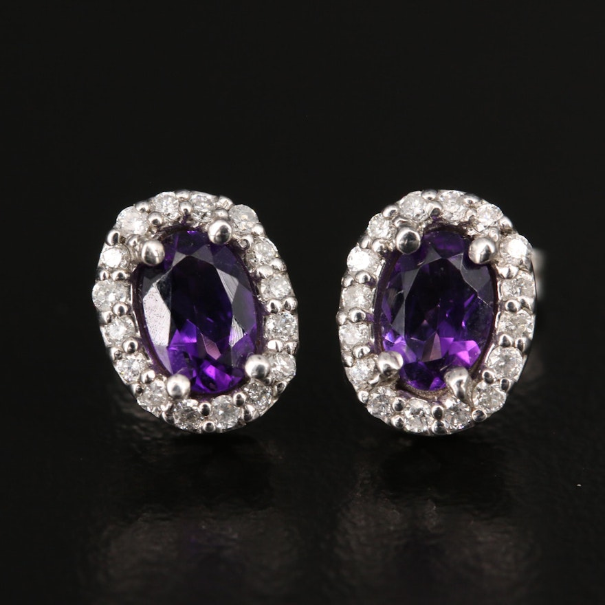 14K Amethyst and Diamond Halo Stud Earrings