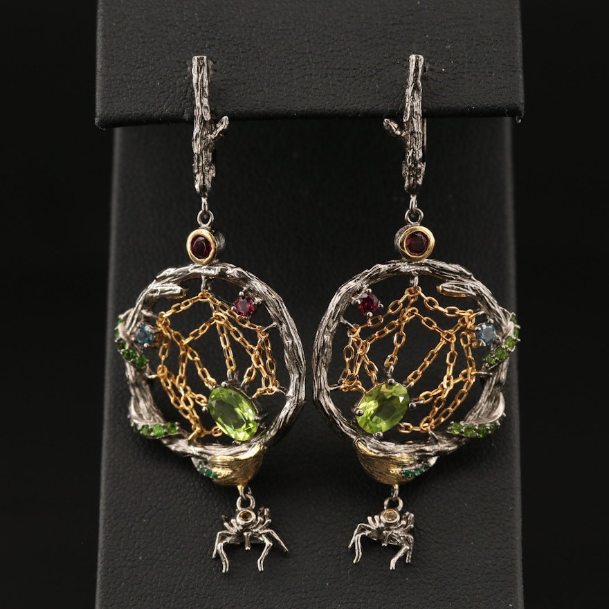 Sterling Silver Spider Motif Earrings with Peridot, Garnet and Diopside