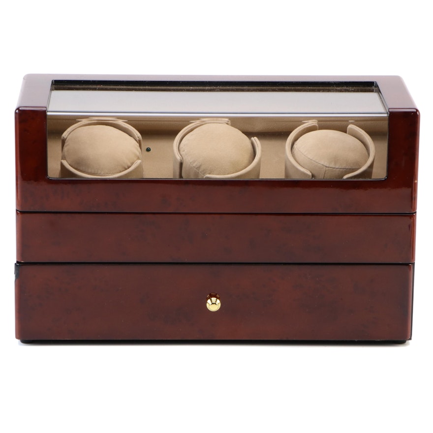 Triple Watch Winder and Case with High Gloss Burl Wood Finish