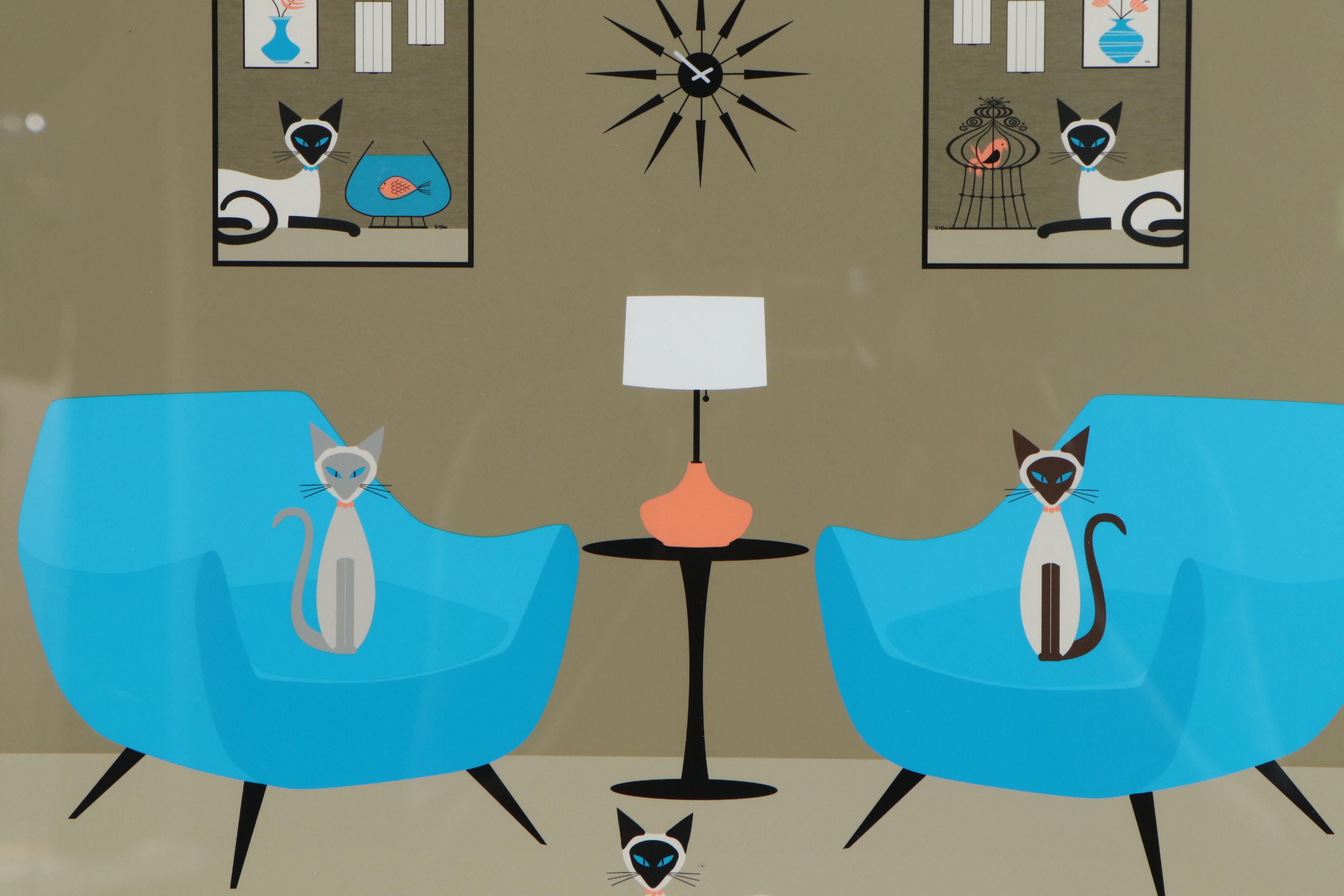 Donna Mibus Giclée Mid Century Modern Room with Siamese Cats
