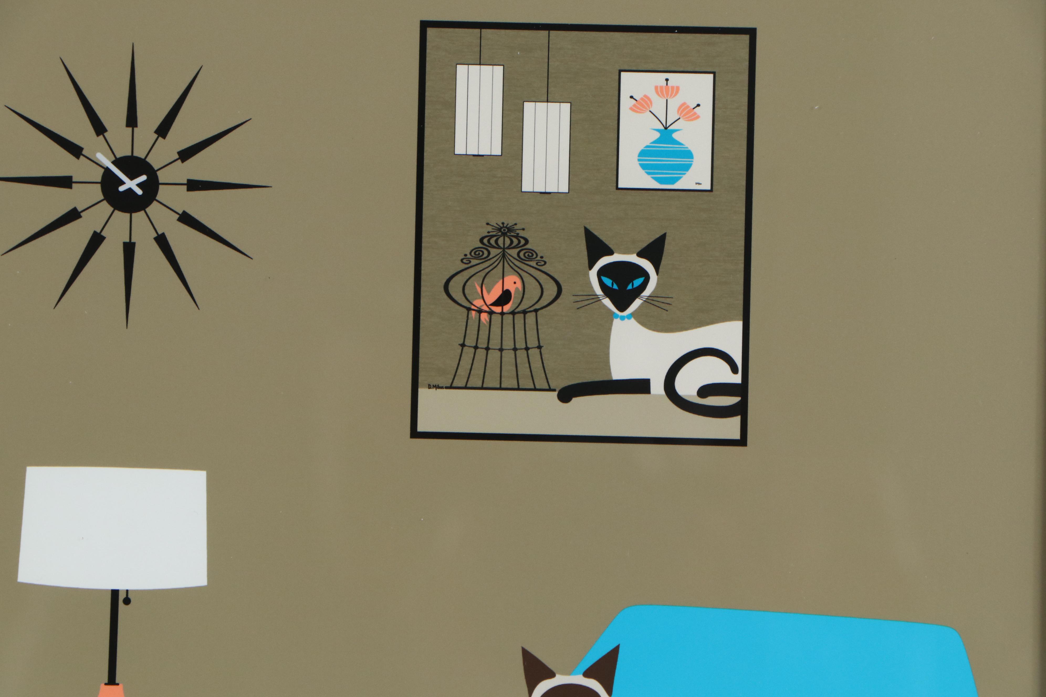 Donna Mibus Giclée Mid Century Modern Room with Siamese Cats