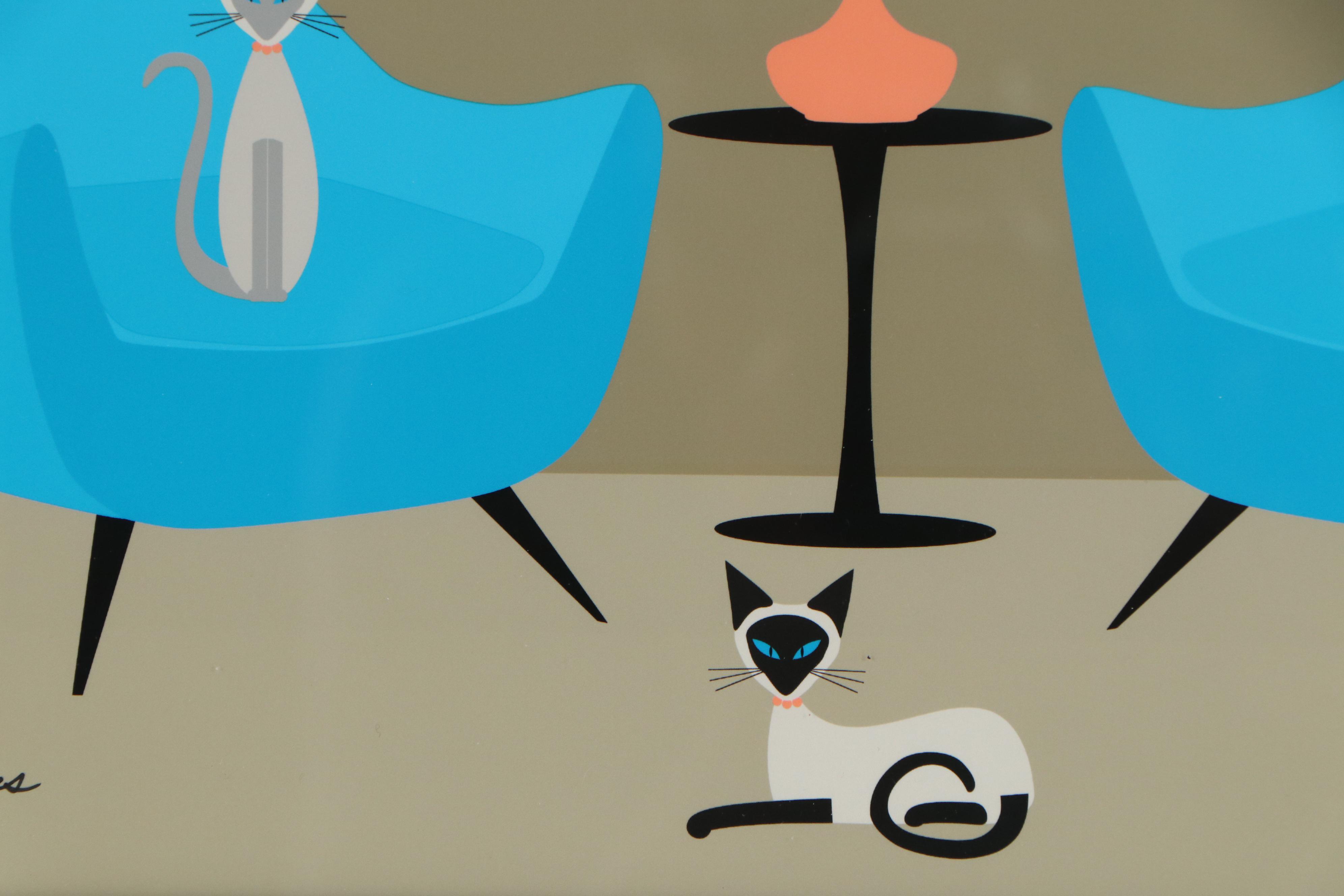 Donna Mibus Giclée Mid Century Modern Room with Siamese Cats