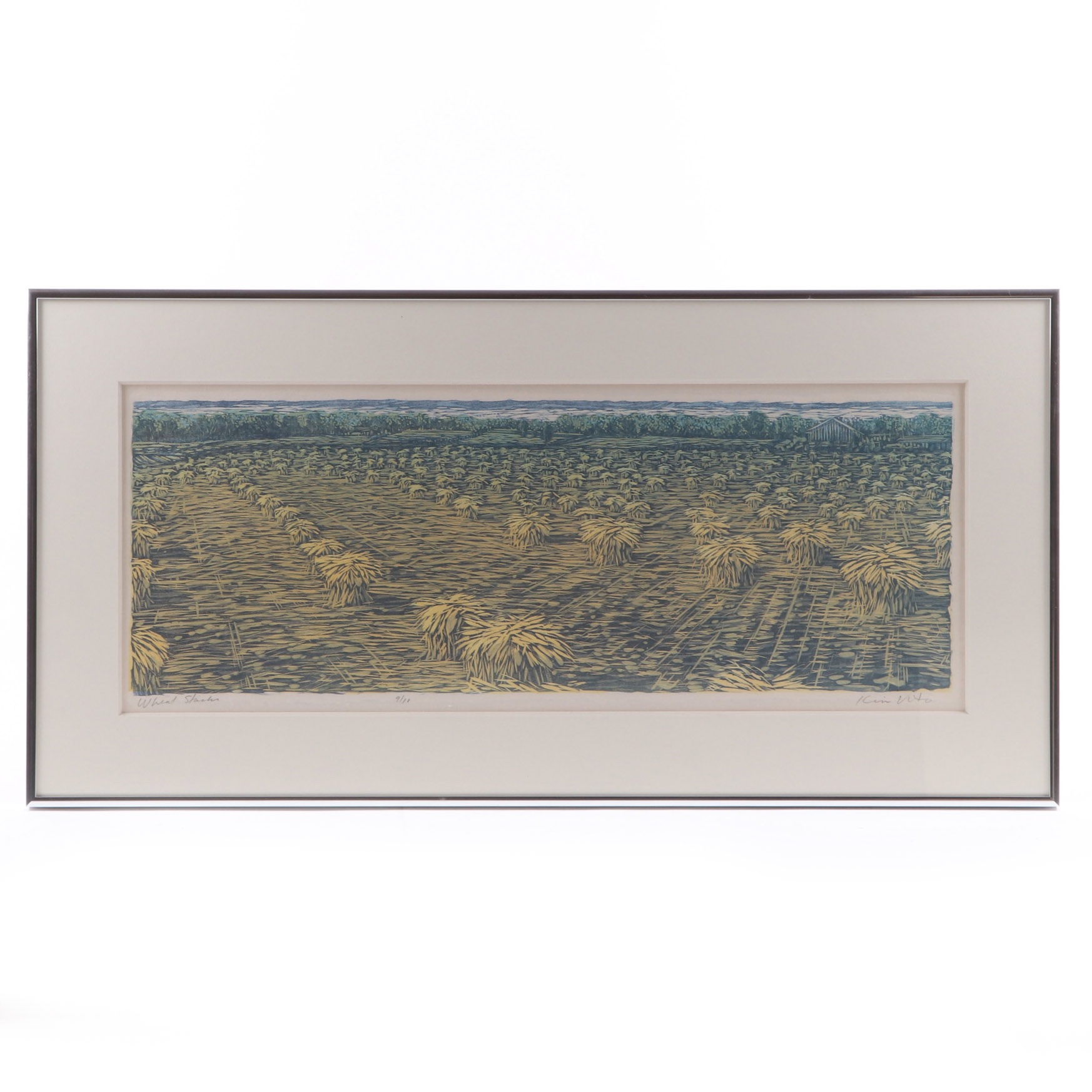 Kim Vito Woodcut Print "Wheat Stacks"
