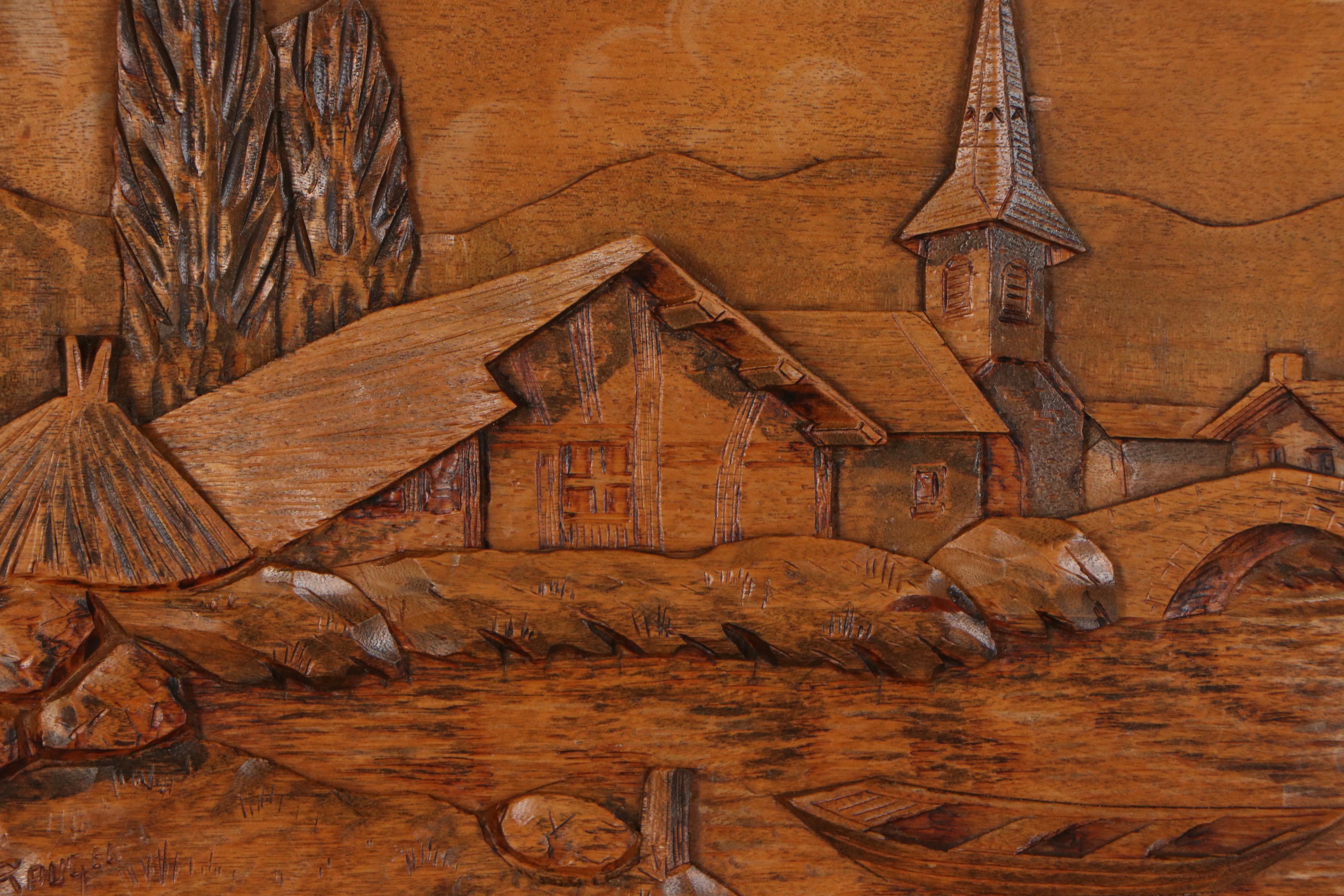 F. Raugel Carved Wood Relief Landscape, Mid to Late 20th Century