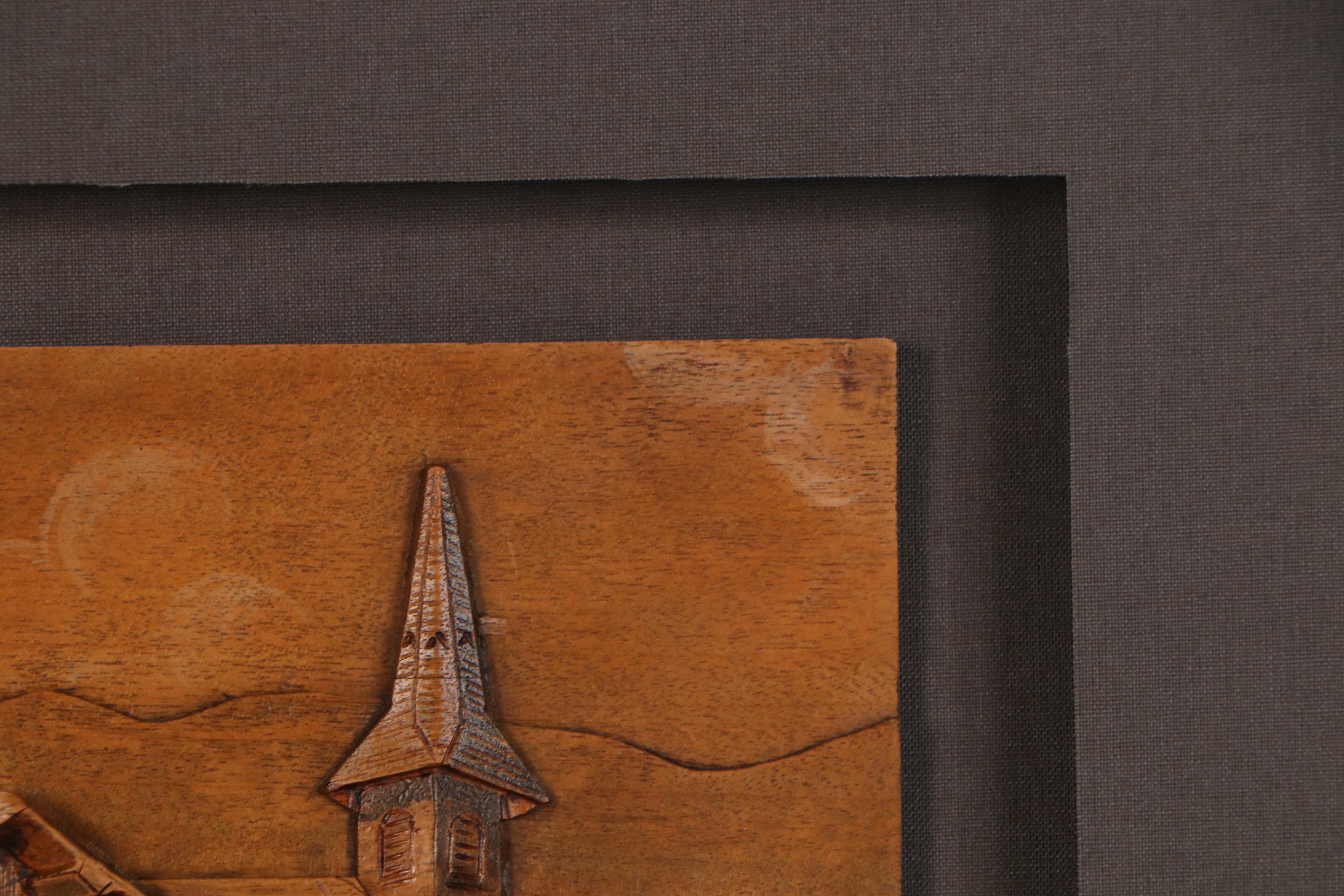 F. Raugel Carved Wood Relief Landscape, Mid to Late 20th Century