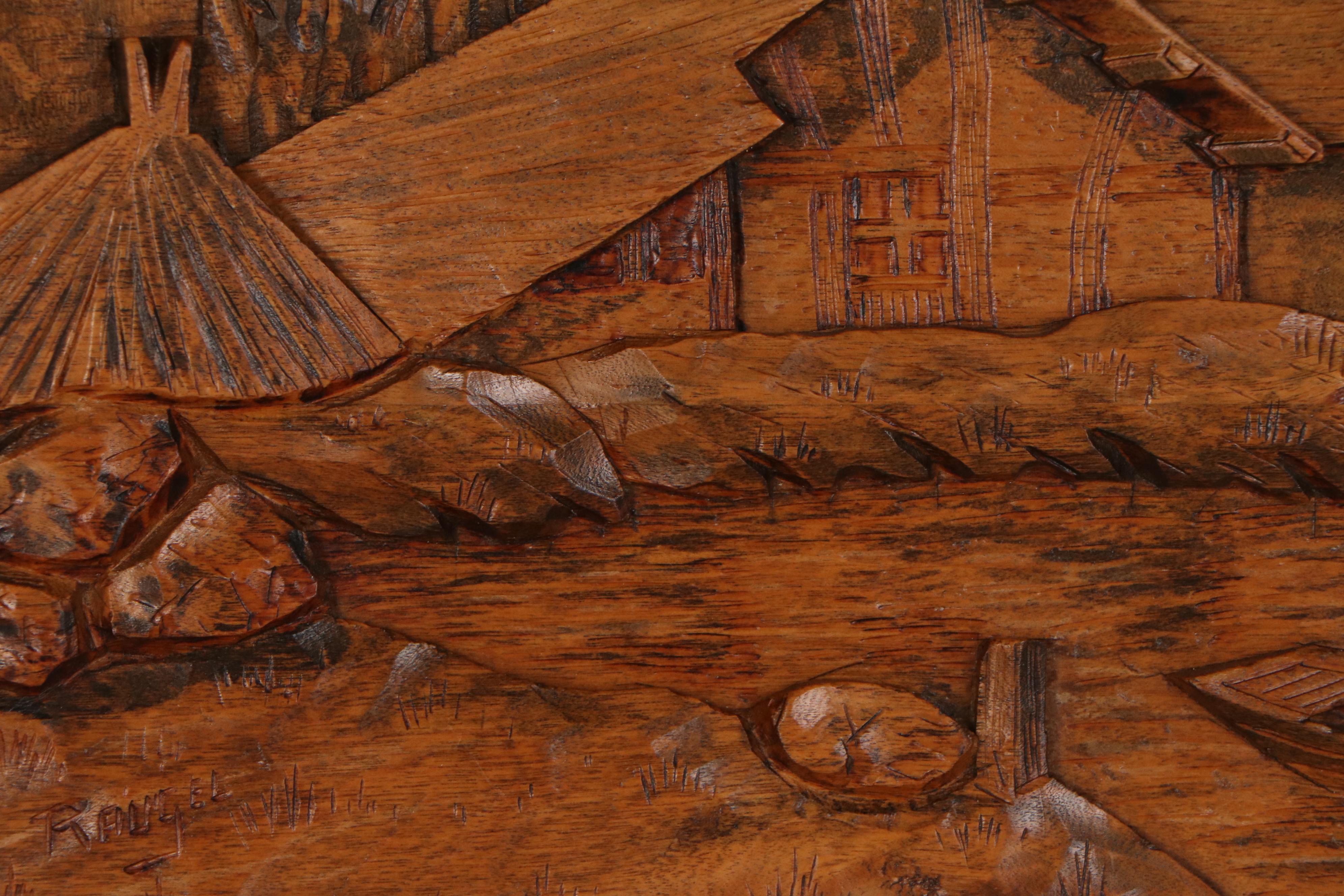 F. Raugel Carved Wood Relief Landscape, Mid to Late 20th Century