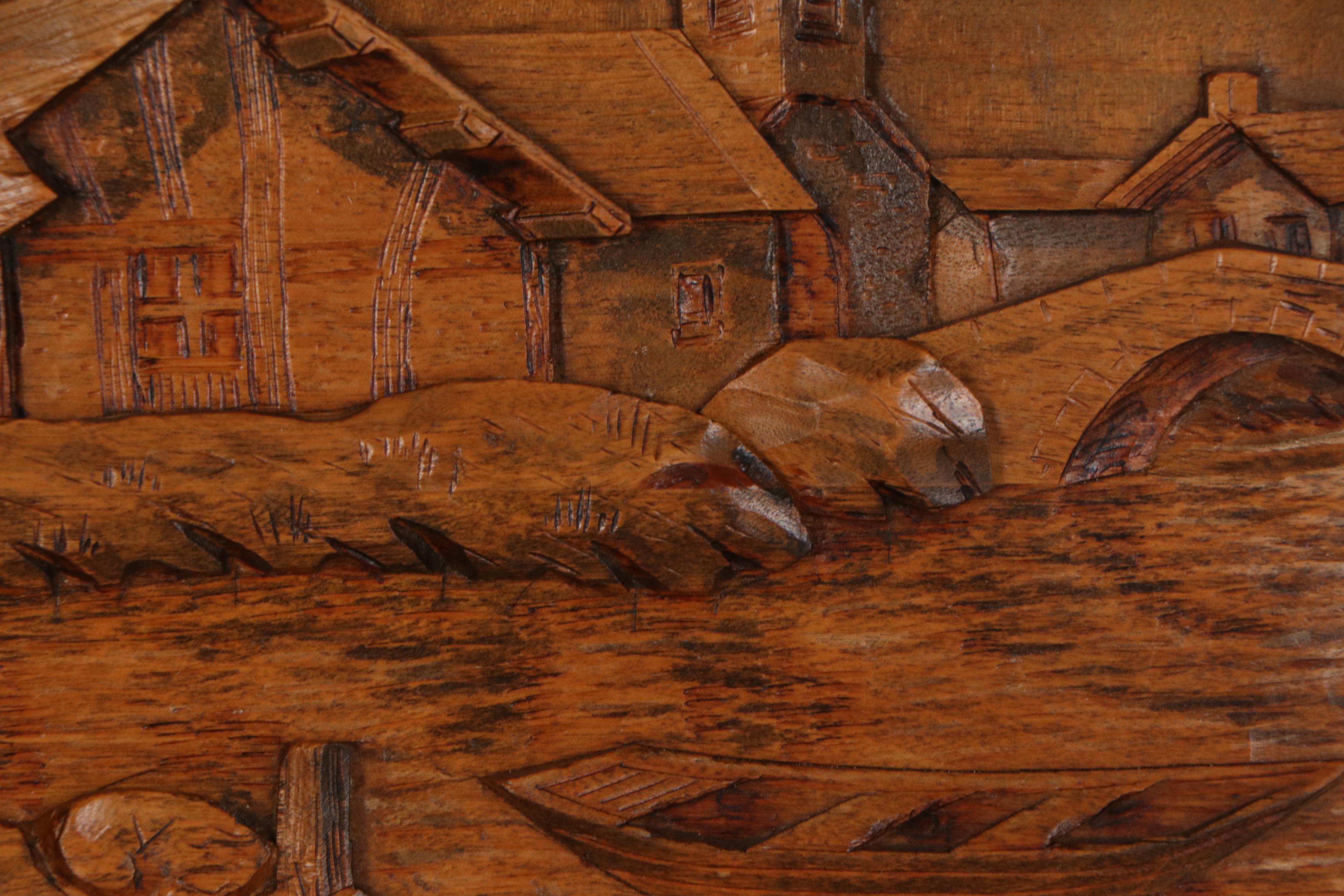 F. Raugel Carved Wood Relief Landscape, Mid to Late 20th Century