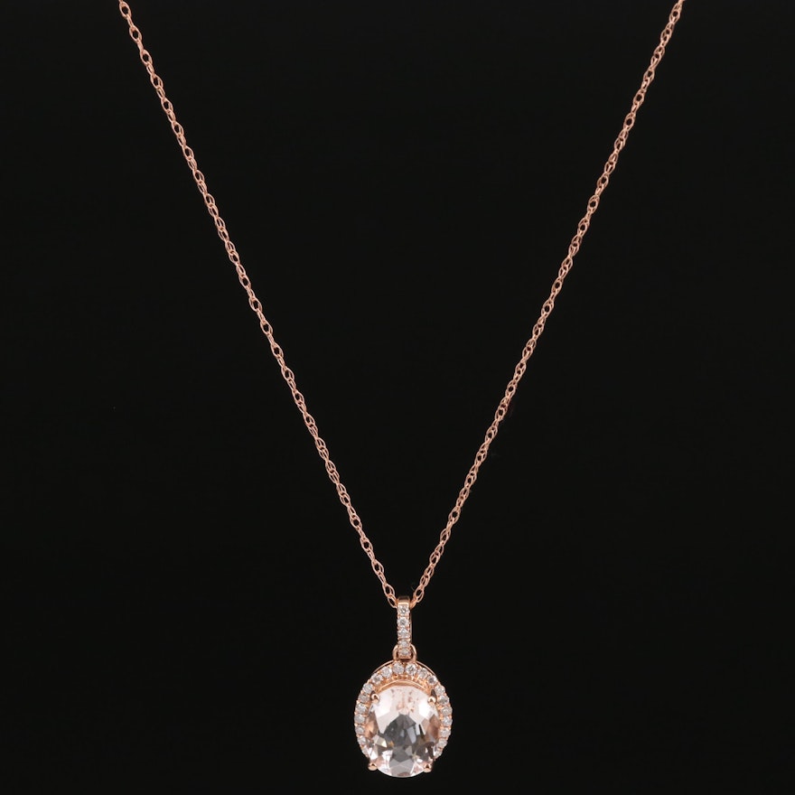 14K Morganite and Diamond Halo Pendant Necklace