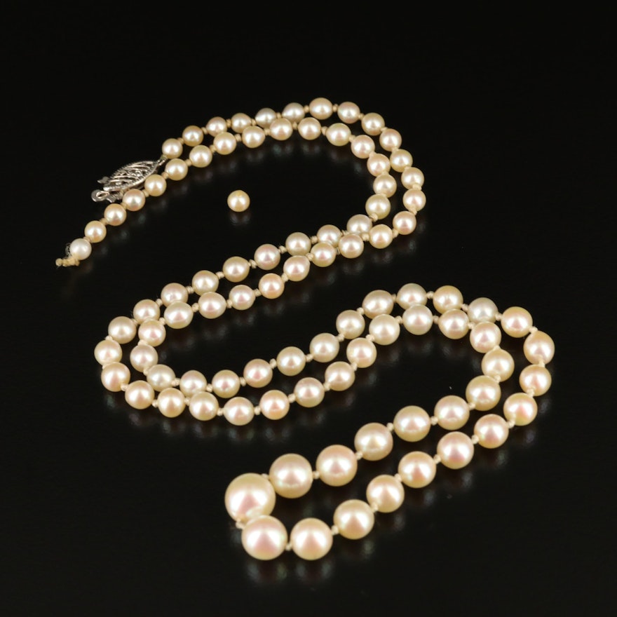 Hand Knotted Pearl Graduated Strand Necklace with 14K Clasp