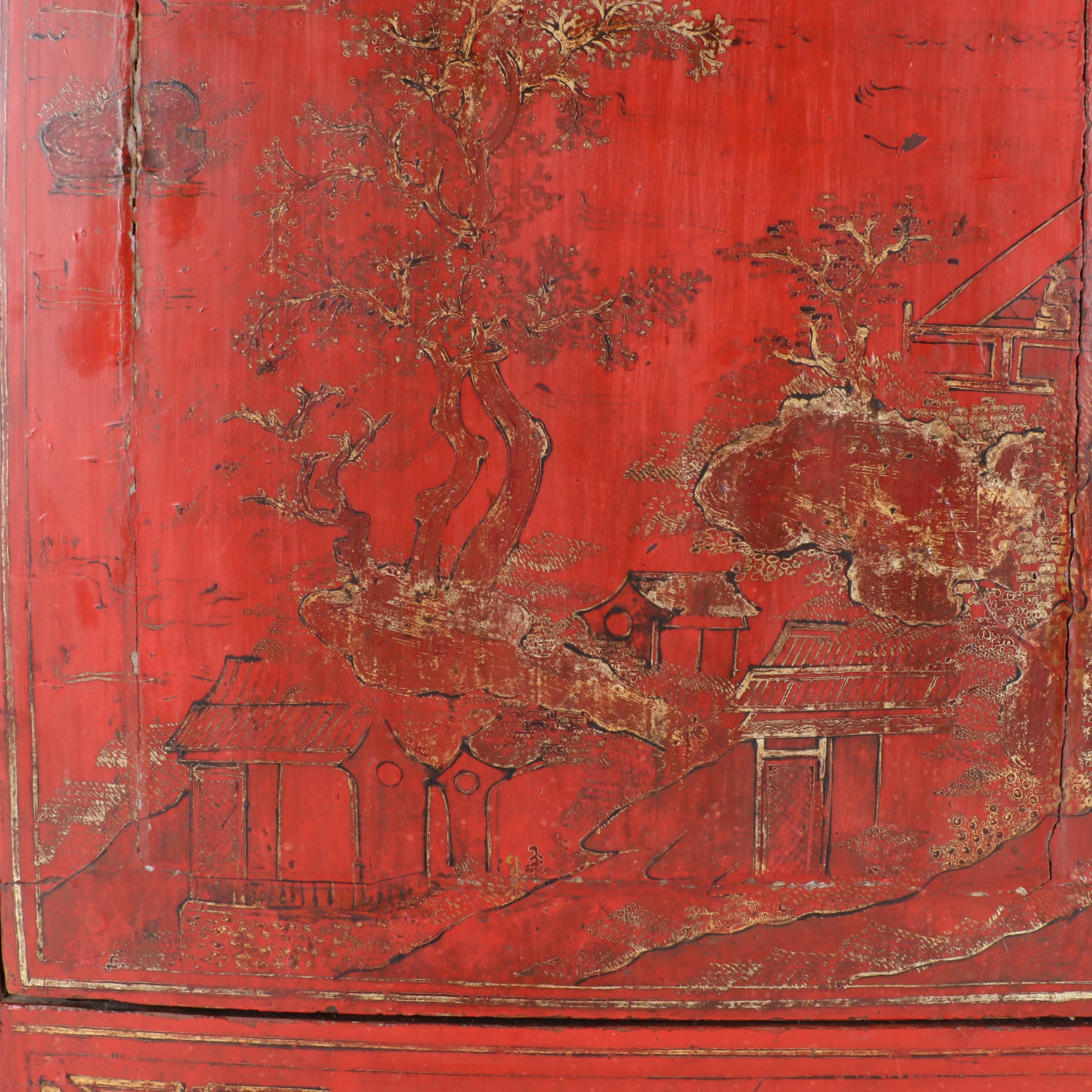 Chinese Gilt Decorated Red and Black Lacquered Wedding Cabinet, 19th Century
