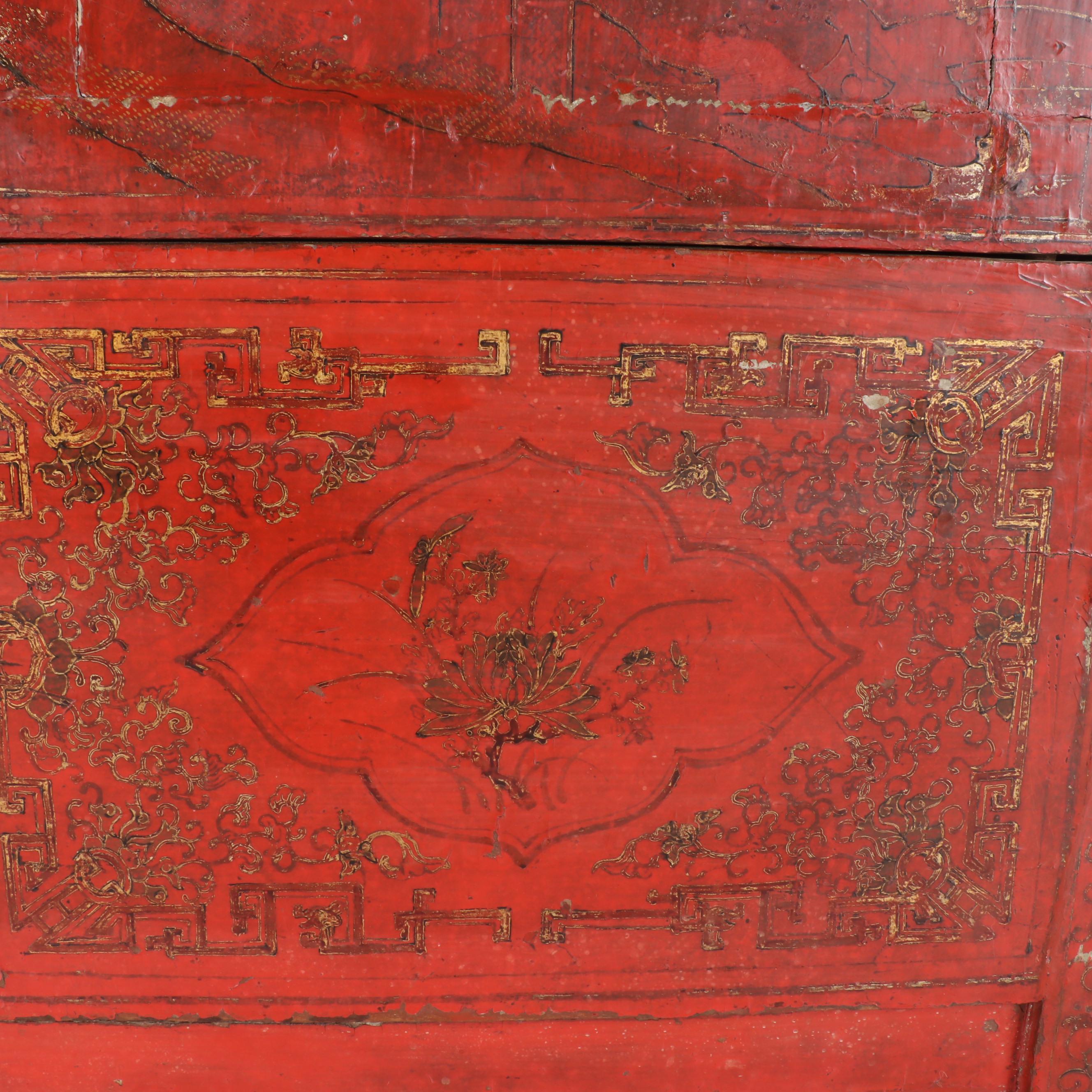 Chinese Gilt Decorated Red and Black Lacquered Wedding Cabinet, 19th Century