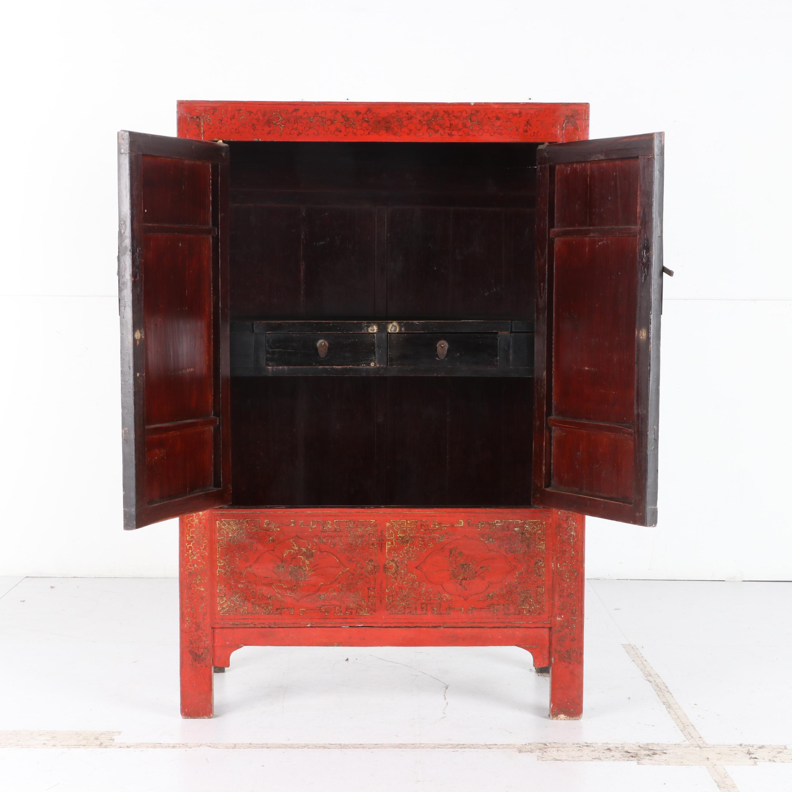 Chinese Gilt Decorated Red and Black Lacquered Wedding Cabinet, 19th Century