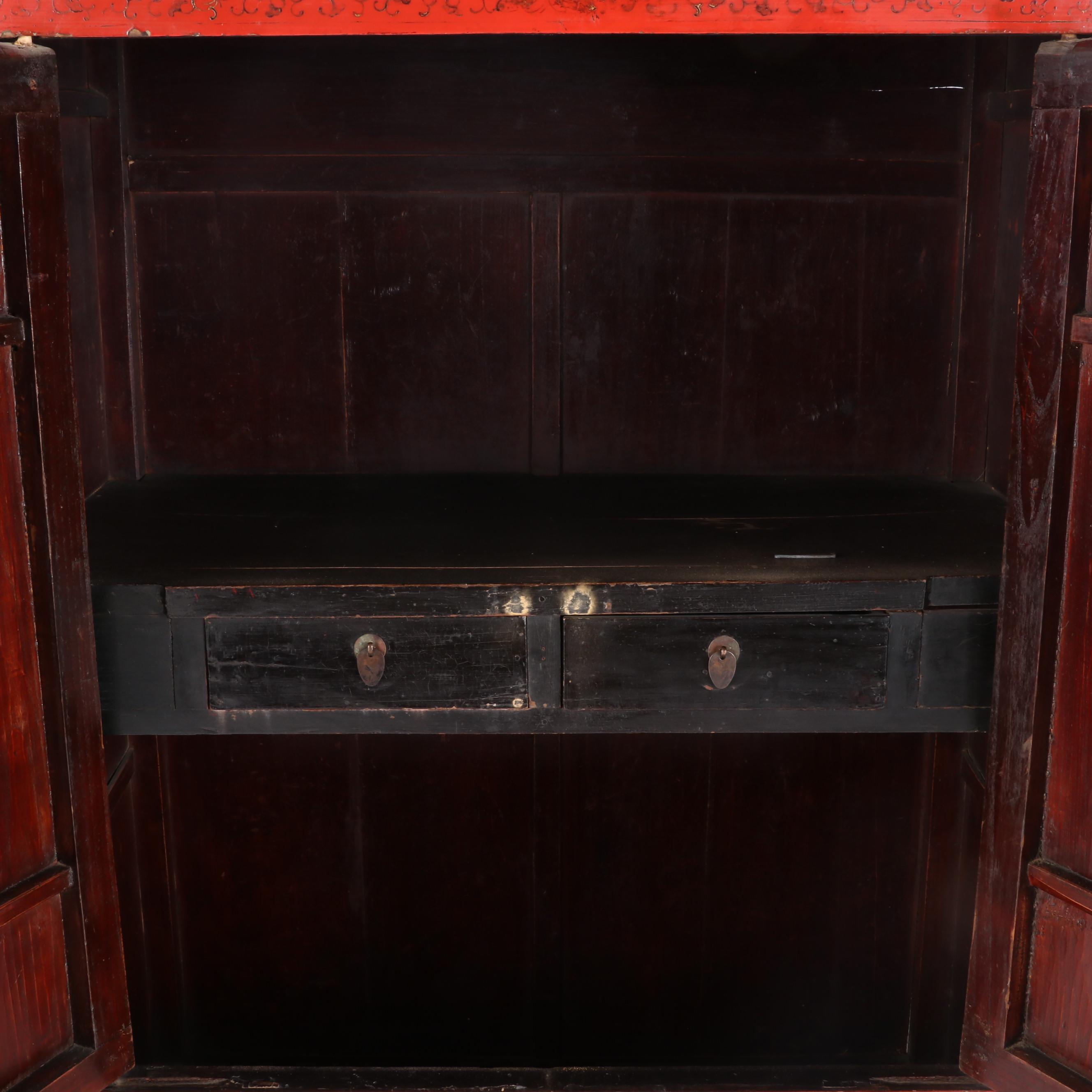 Chinese Gilt Decorated Red and Black Lacquered Wedding Cabinet, 19th Century