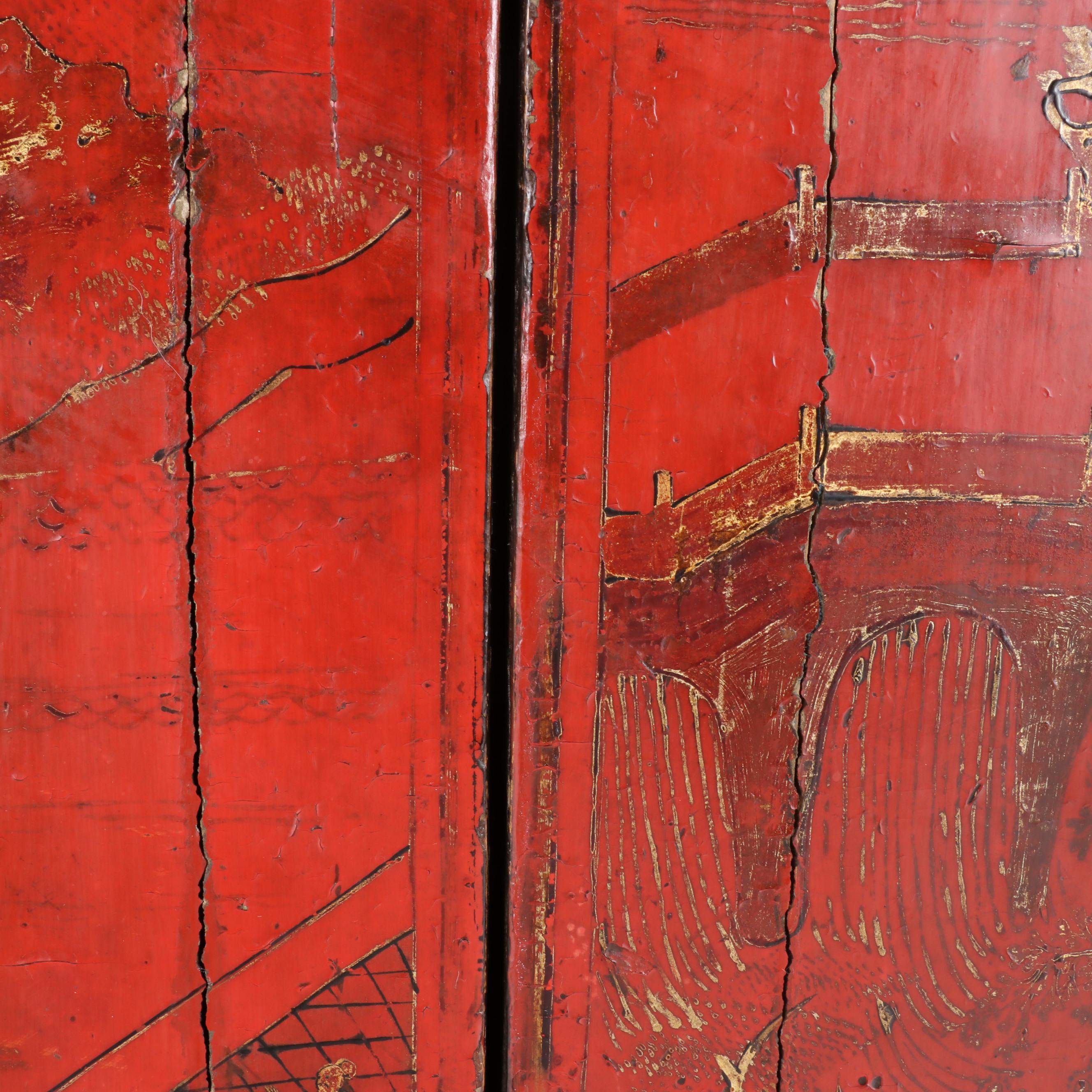 Chinese Gilt Decorated Red and Black Lacquered Wedding Cabinet, 19th Century