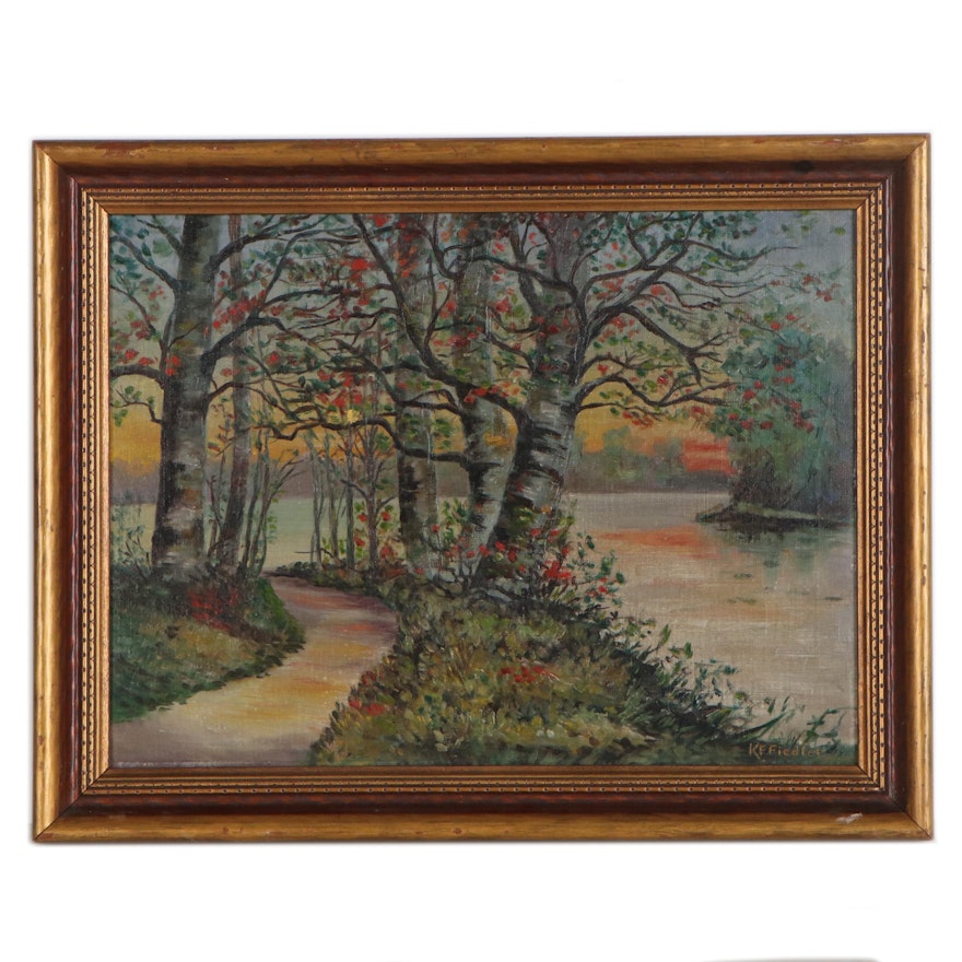 K.F. Fiedler Oil Painting of Landscape, 20th Century