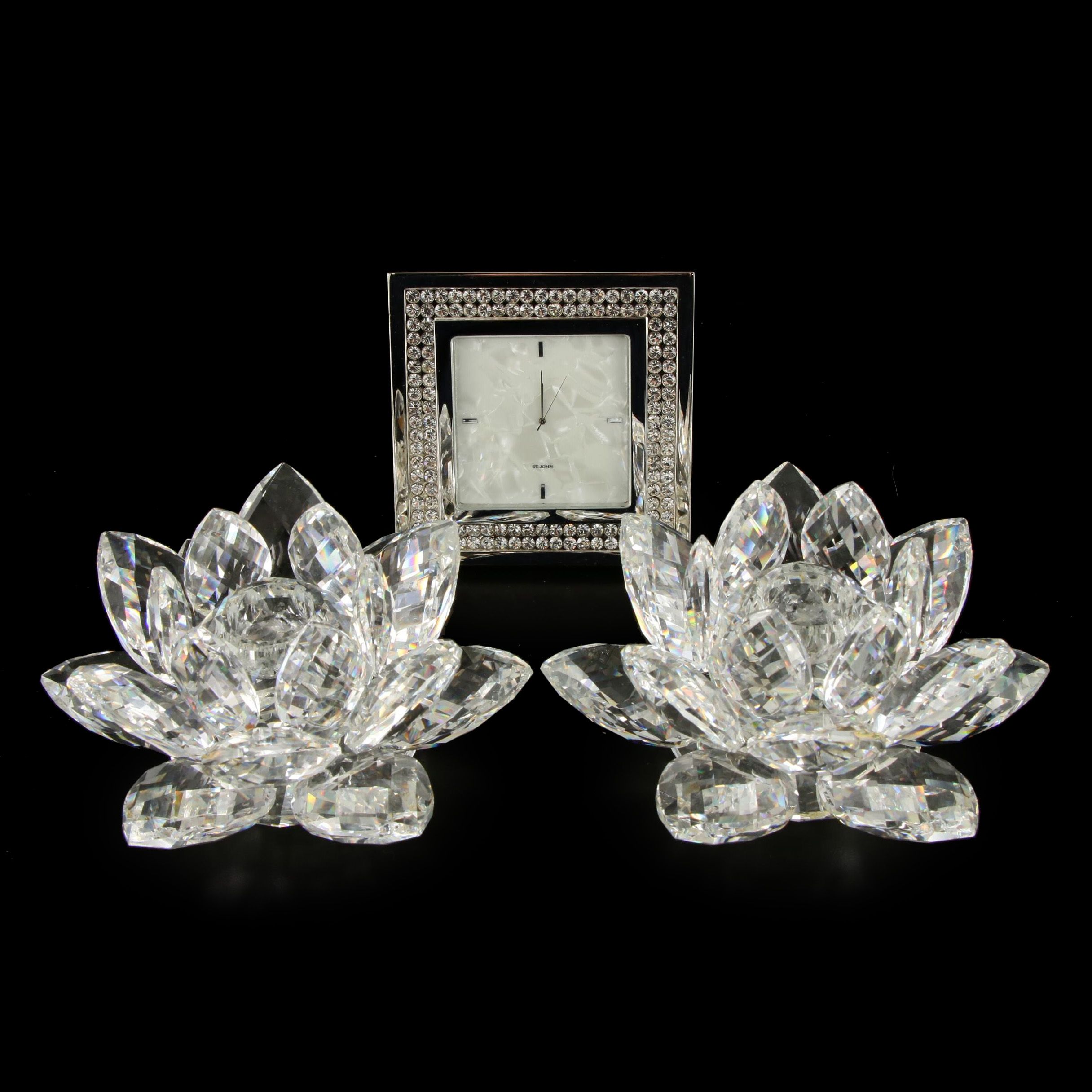 Swarovski Crystal "Lotus" Candle Holders and St. John Clock