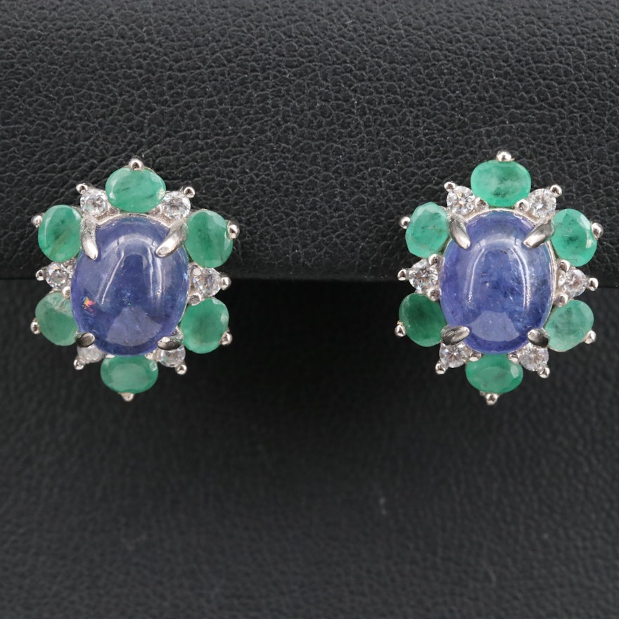 Sterling Tanzanite, Emerald and Cubic Zirconia Earrings