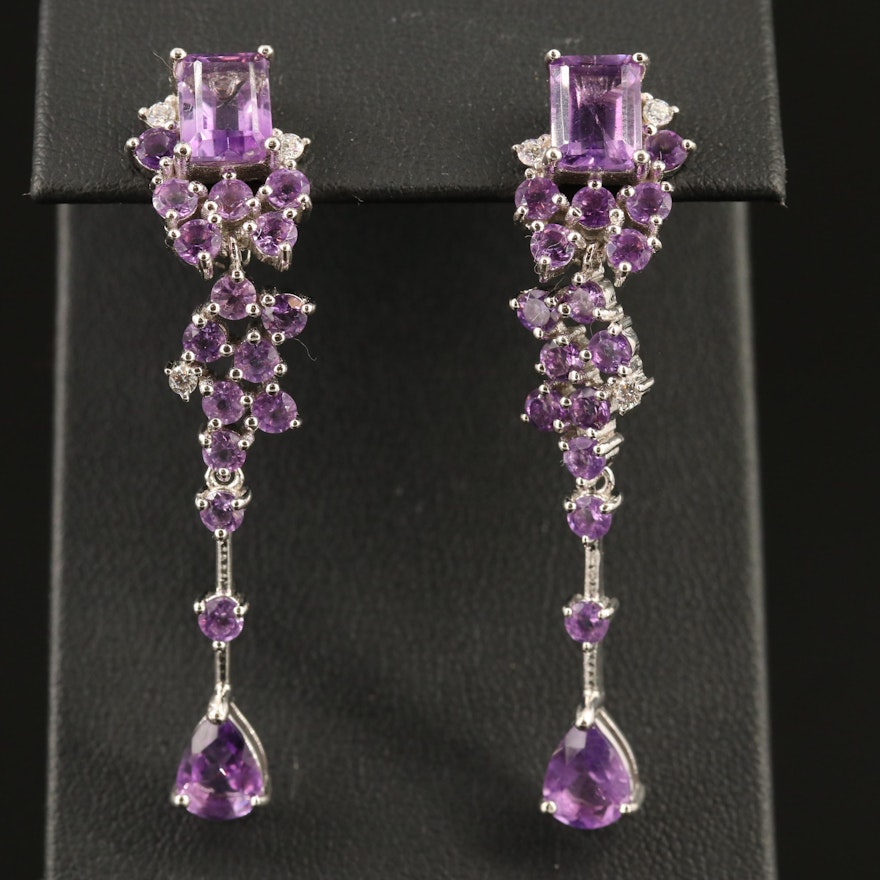 Sterling Amethyst and Cubic Zirconia Cluster Dangle Earrings