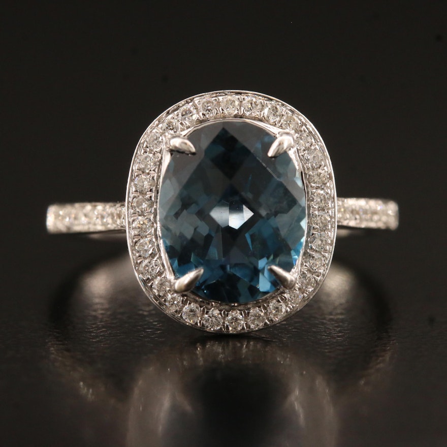 14K London Blue Topaz and Diamond Halo Ring