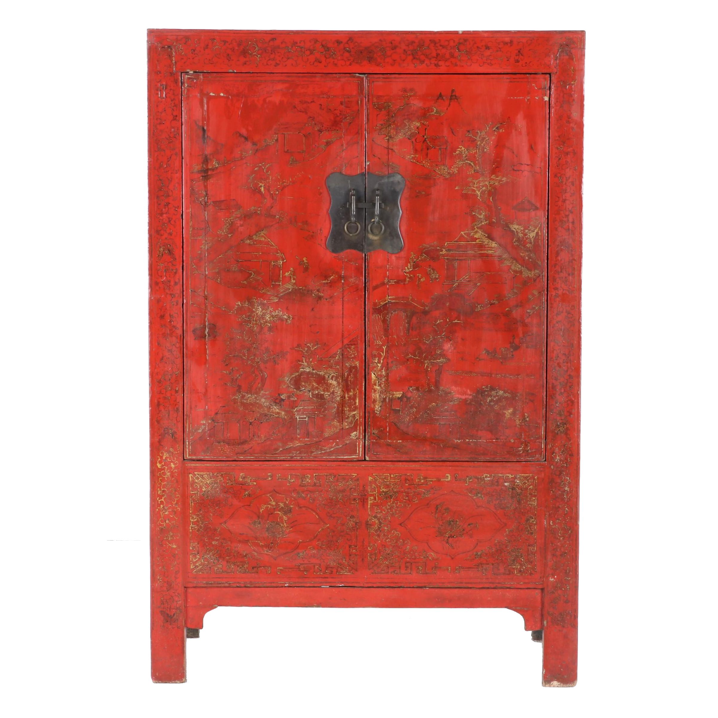 Chinese Gilt Decorated Red and Black Lacquered Wedding Cabinet, 19th Century
