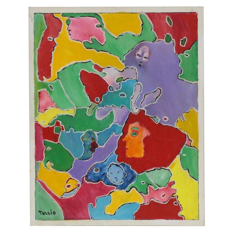 Charles Tullio Abstract Acrylic Painting with Faces, Late 20th Century