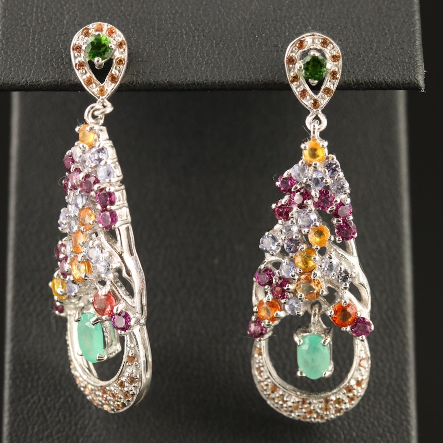 Sterling Silver Garnet and Sapphire Dangle Earrings with Articulating Emeralds