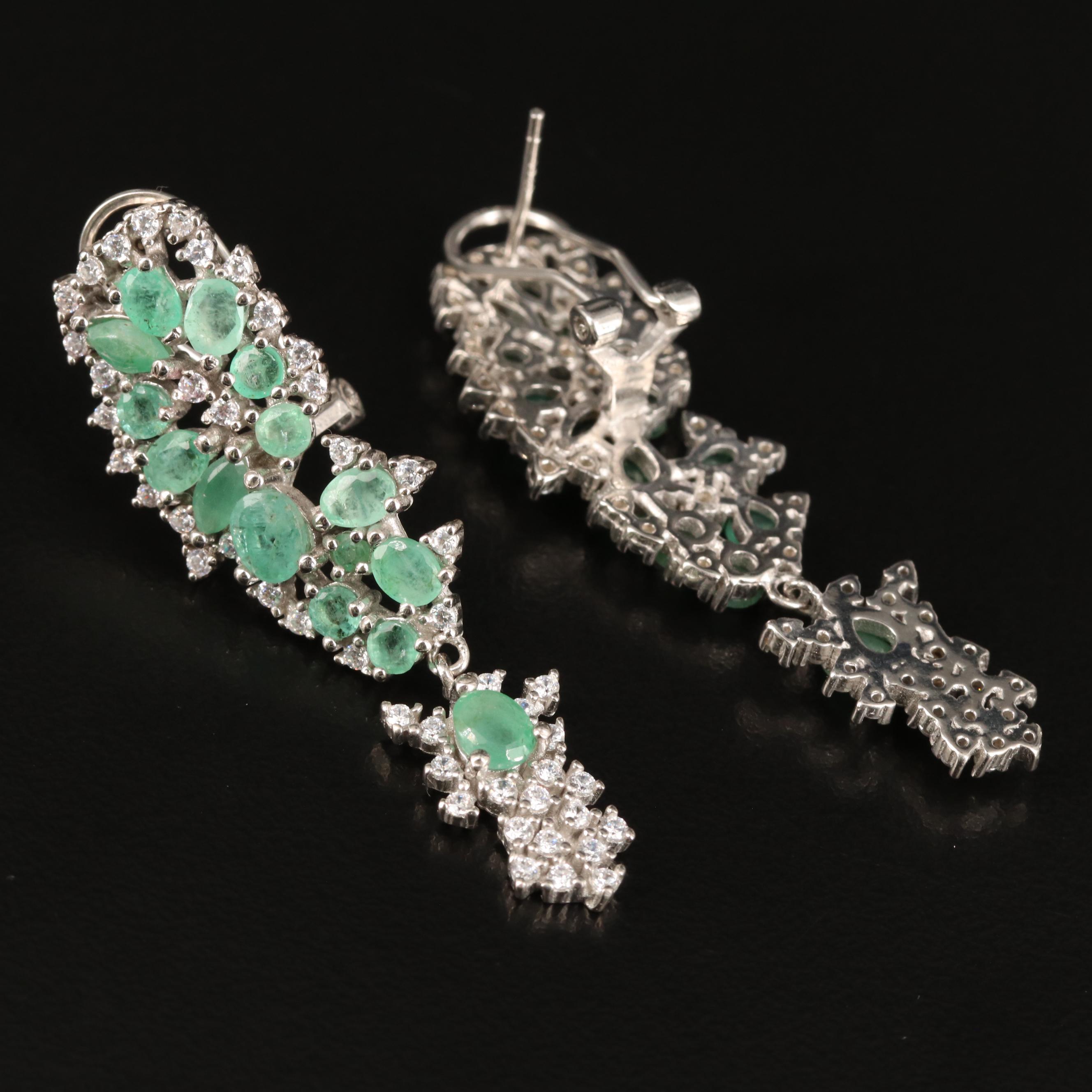 Sterling Emerald and Cubic Zirconia Dangle Earrings