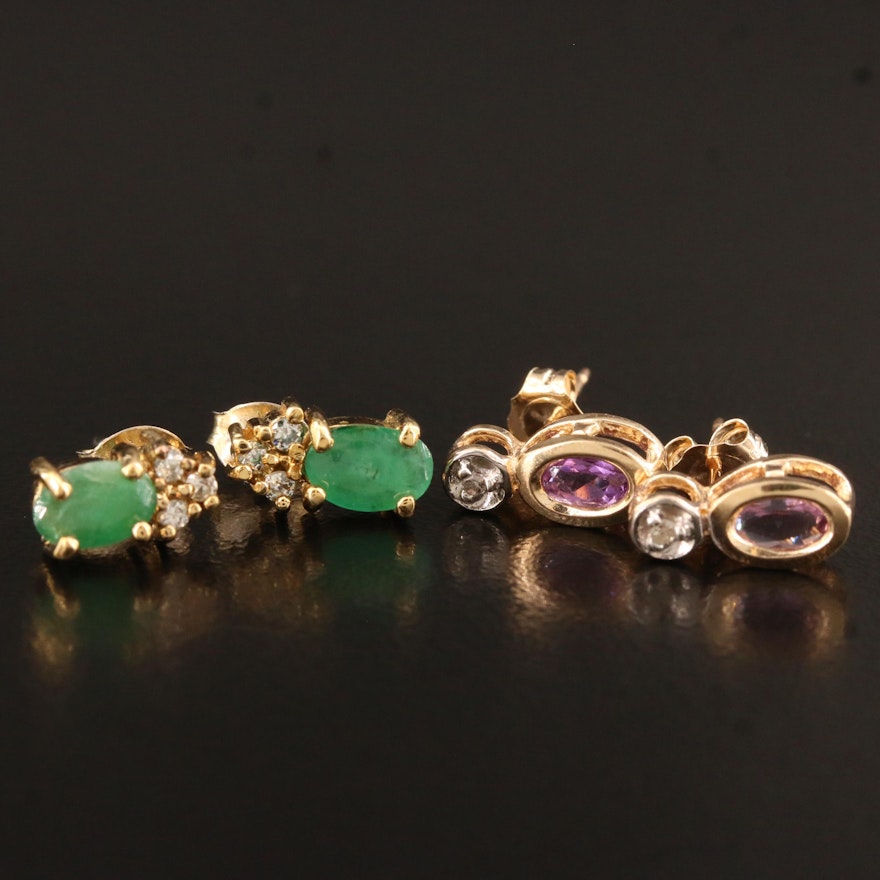 10K Amethyst and Diamond Earrings with Sterling Emerald Earrings