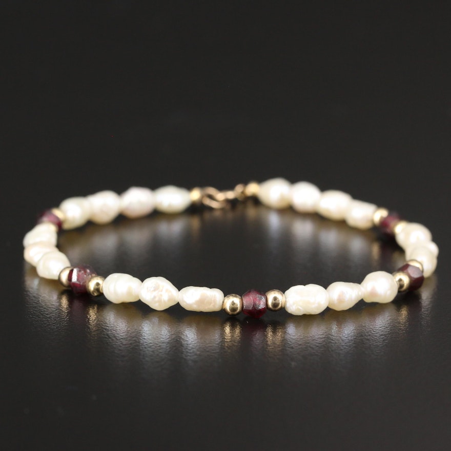 Semi-Baroque Pearl and Garnet Strand Bracelet with 14K Clasp and Beads