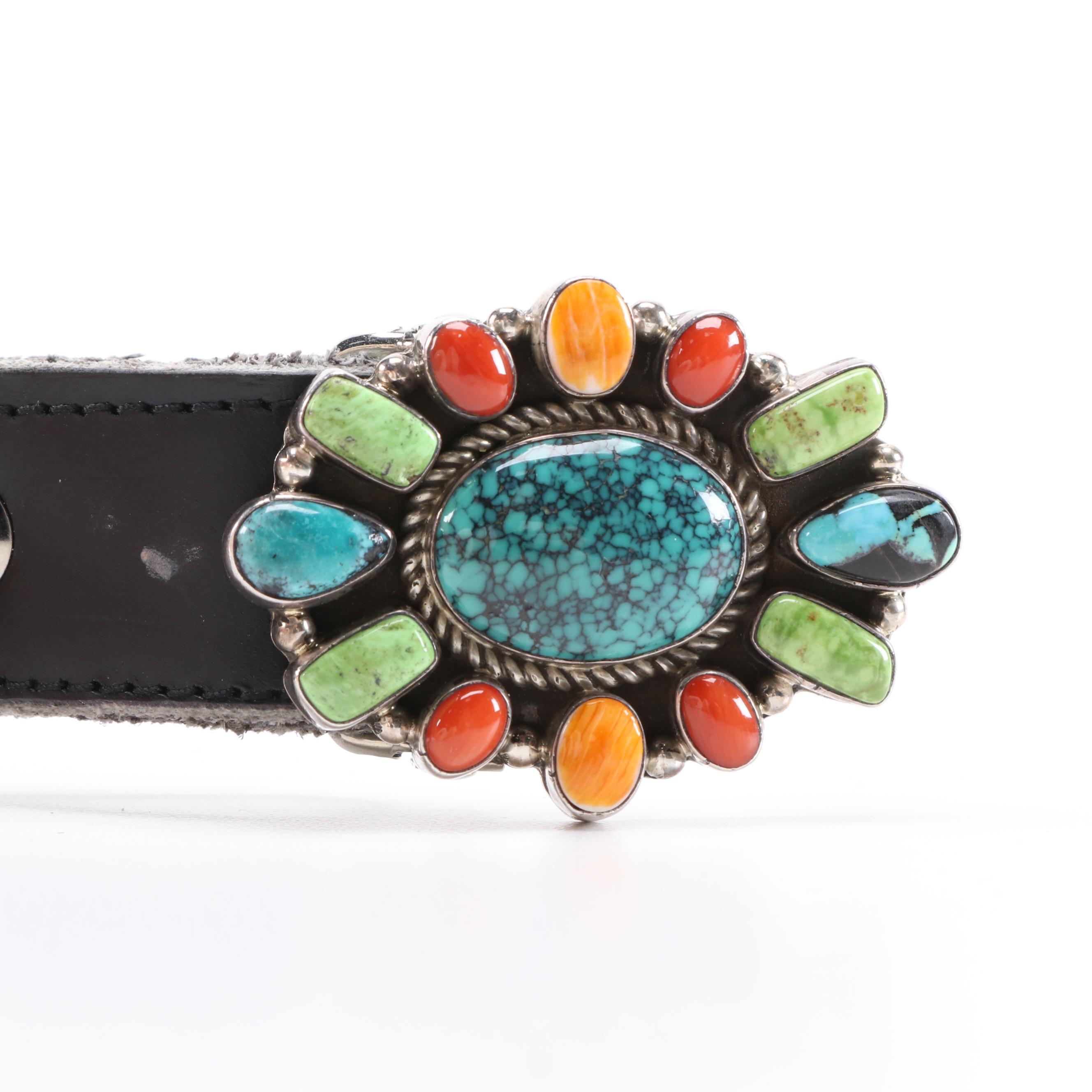 D. Johnson Sterling Turquoise, Coral and Spiny Oyster Cabochon Concho Belt