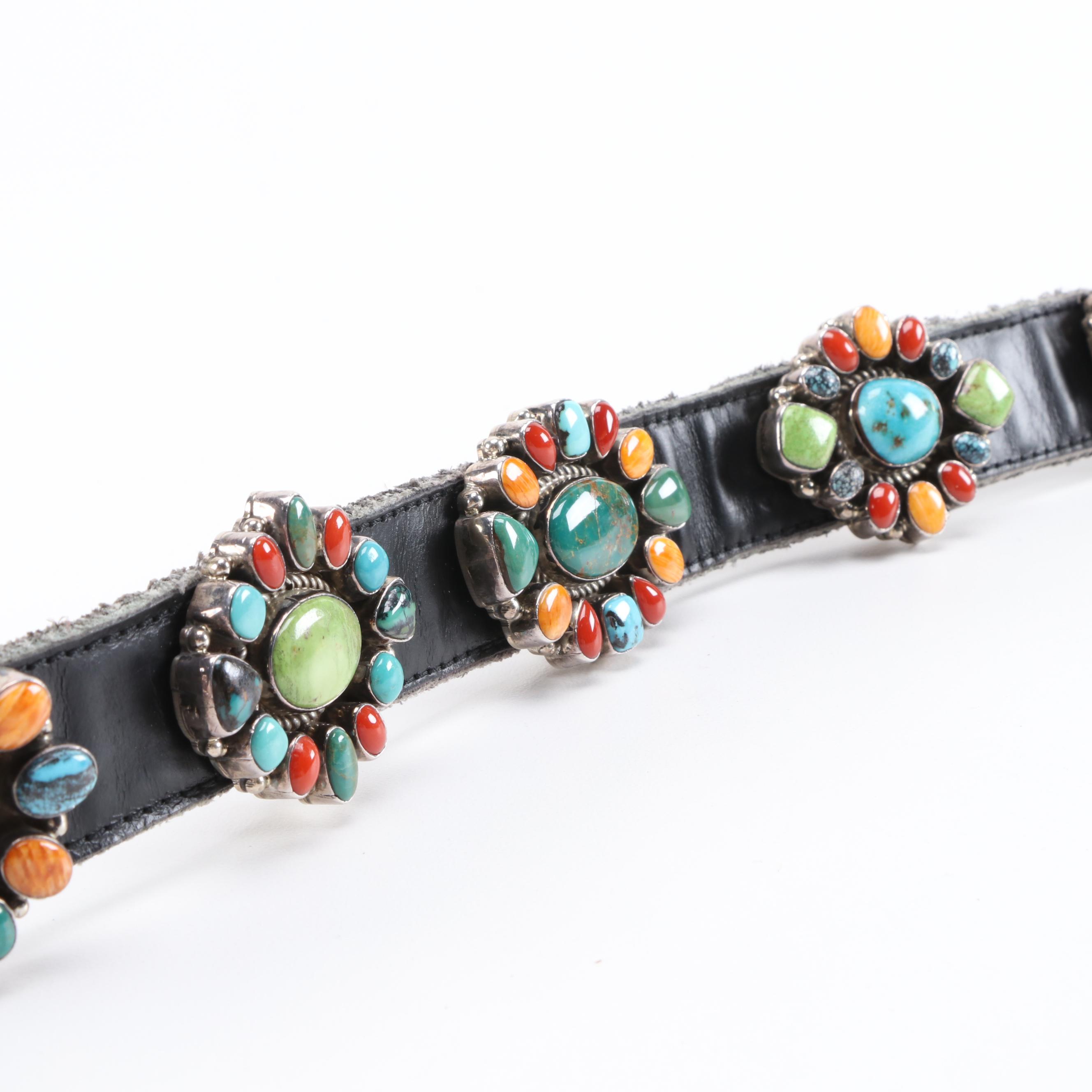 D. Johnson Sterling Turquoise, Coral and Spiny Oyster Cabochon Concho Belt