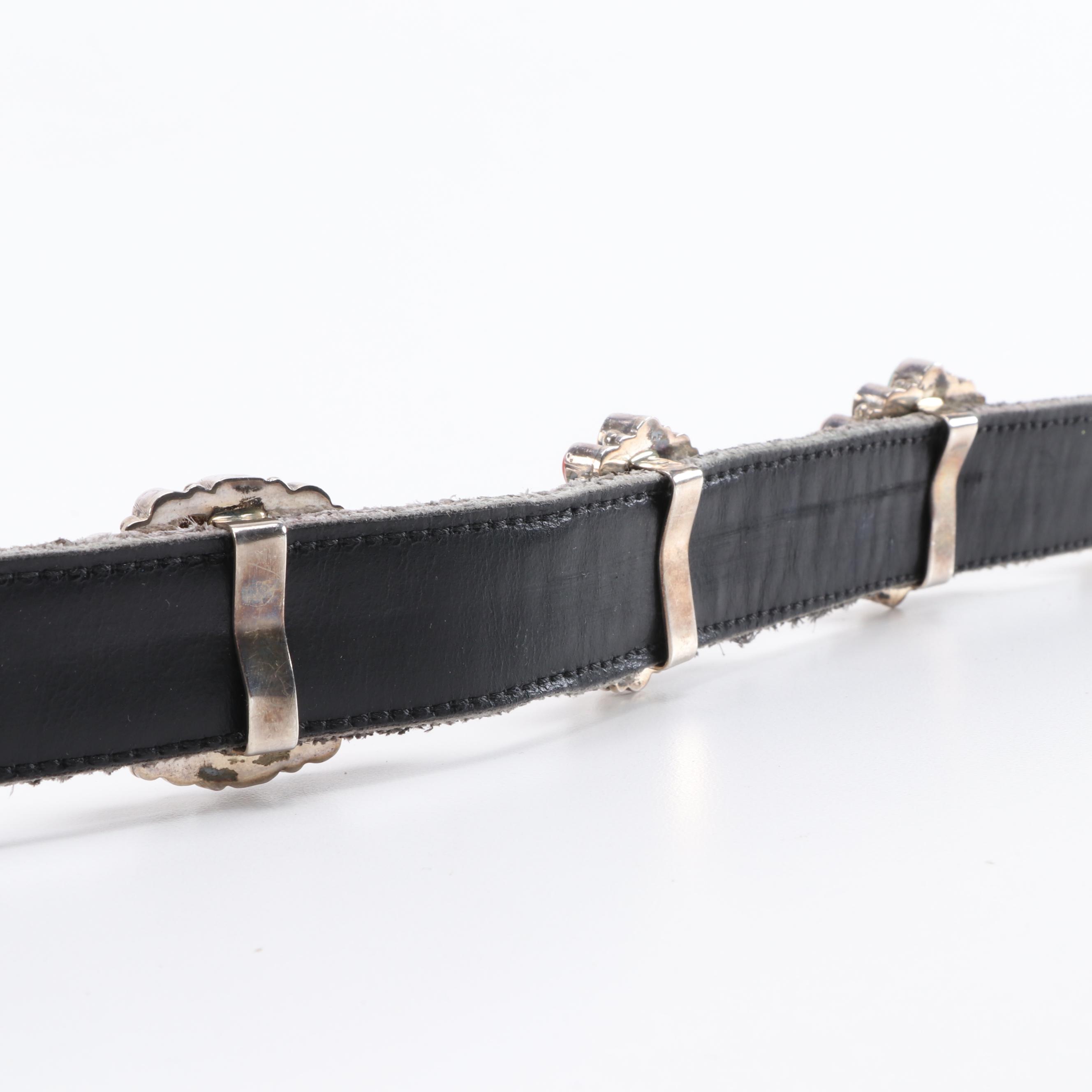 D. Johnson Sterling Turquoise, Coral and Spiny Oyster Cabochon Concho Belt