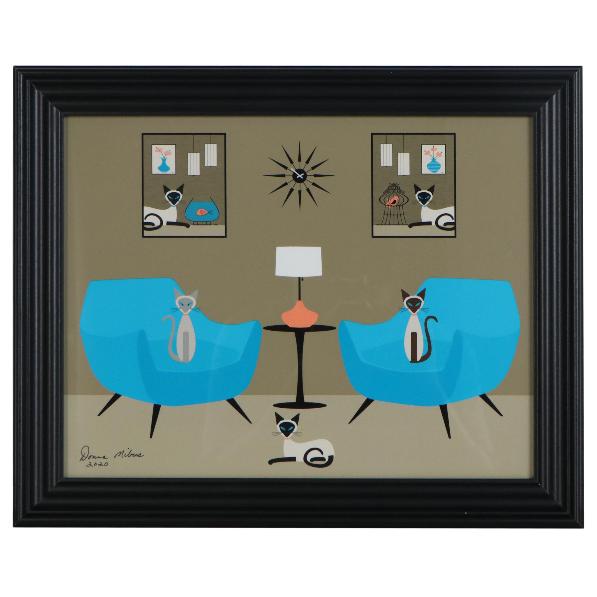 Donna Mibus Giclée Mid Century Modern Room with Siamese Cats