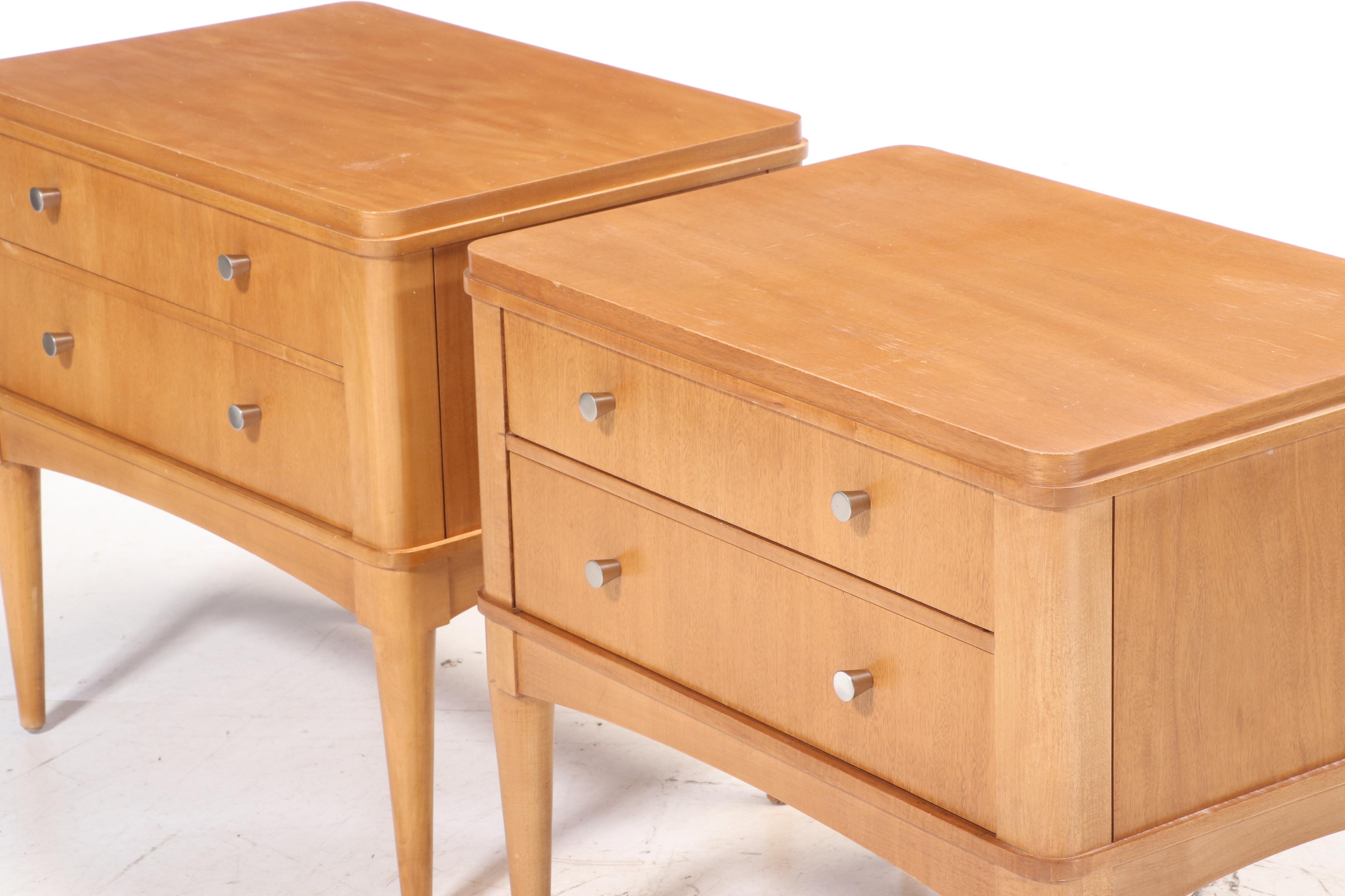 Pair of Ethan Allen "Radius" Modernist Style Maple Two-Drawer Nightstands