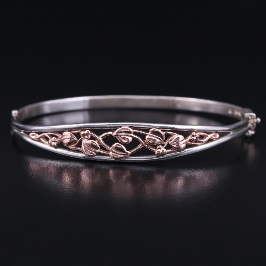 Sterling Oval Hinged Bangle with 10K Rose Gold Vine Accents