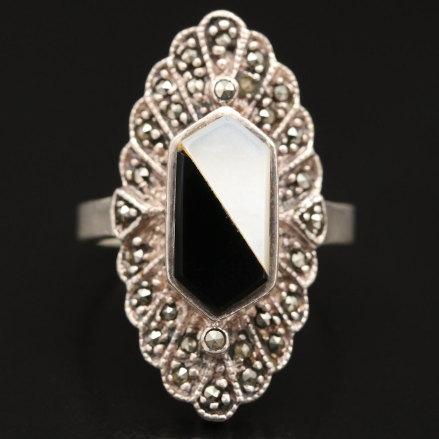 Sterling Silver Black Onyx, Mother of Pearl and Marcasite Navette Ring