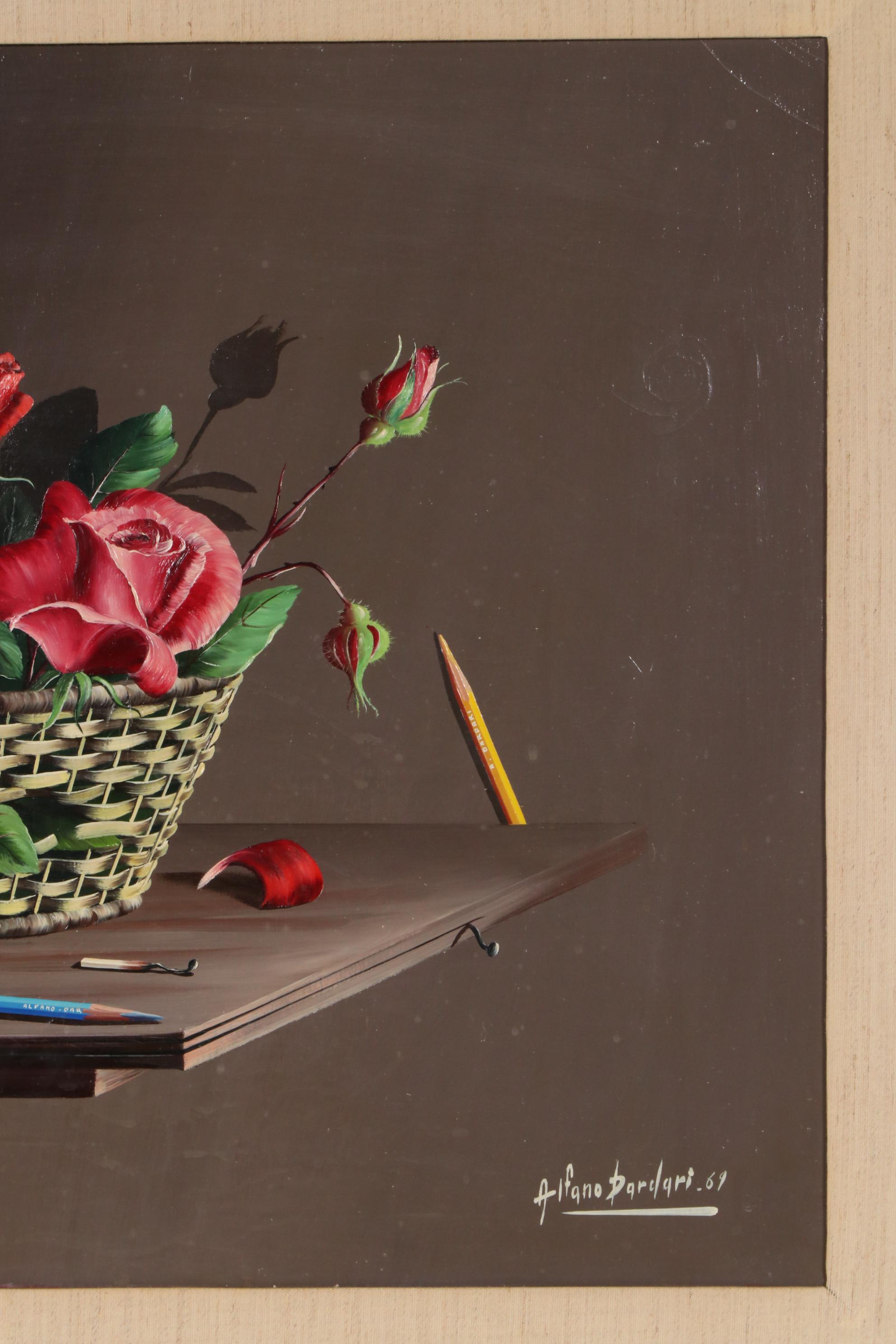 Alfano Dardari Oil Painting of Roses in Basket Still Life, 1969