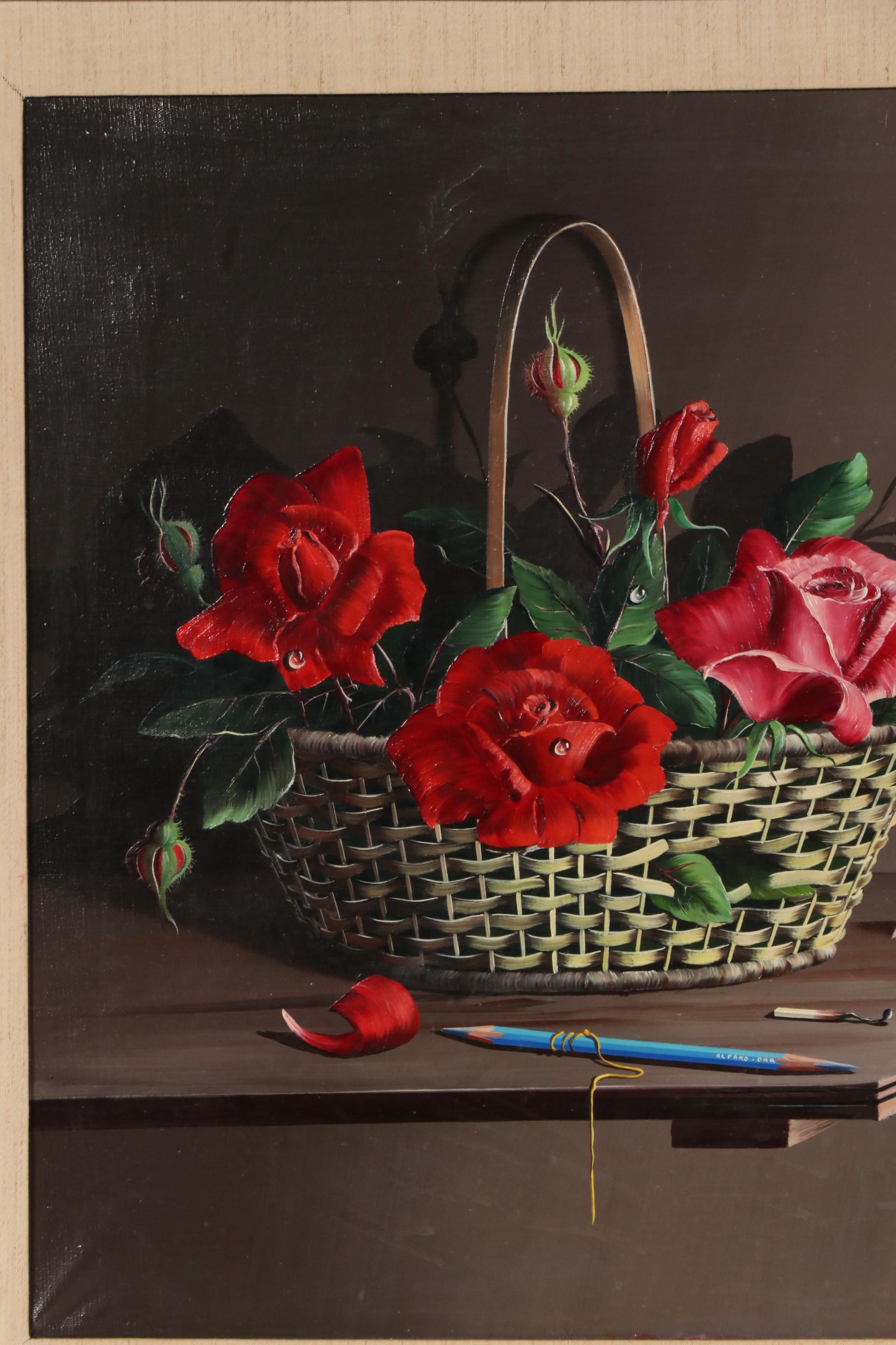 Alfano Dardari Oil Painting of Roses in Basket Still Life, 1969