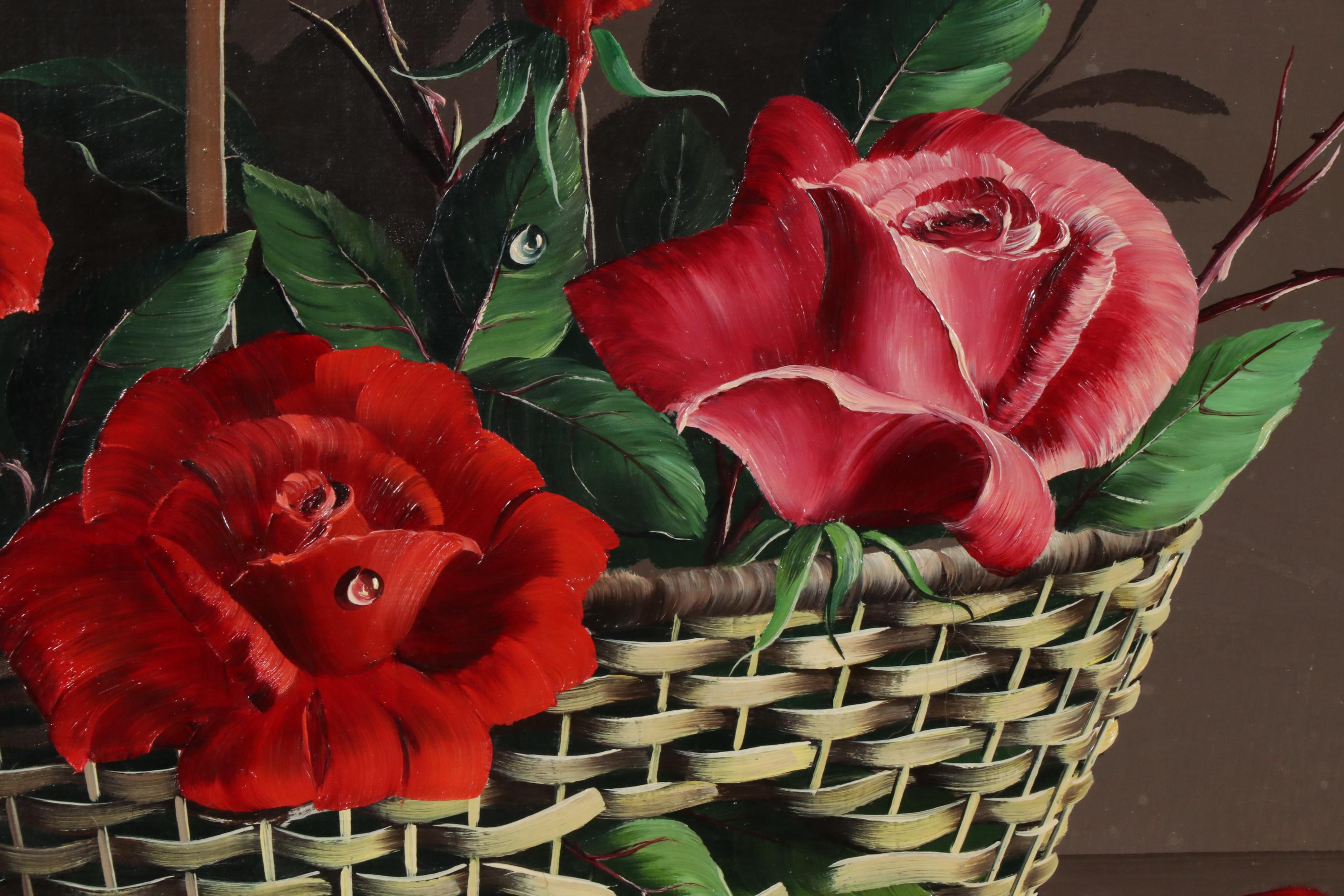 Alfano Dardari Oil Painting of Roses in Basket Still Life, 1969