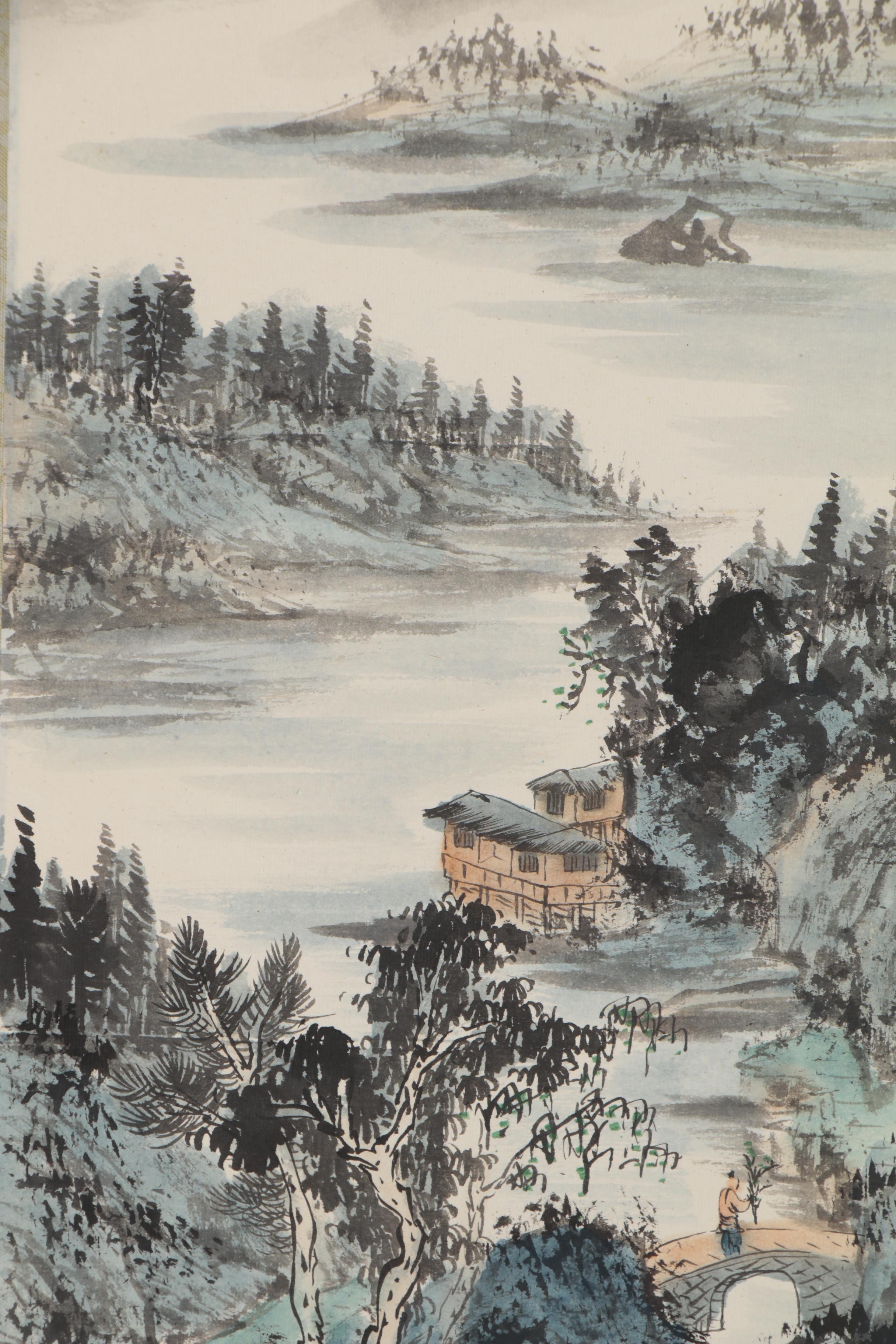 Chinese Ink and Watercolor Scroll Painting of Landscape