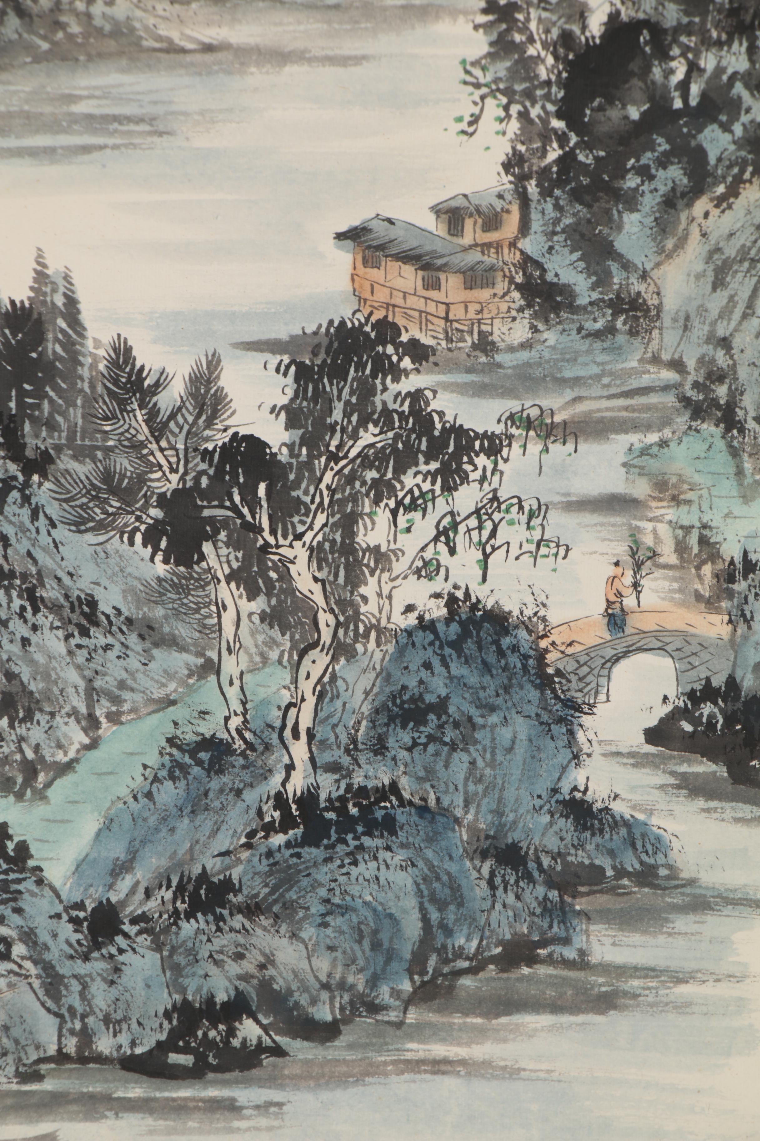Chinese Ink and Watercolor Scroll Painting of Landscape