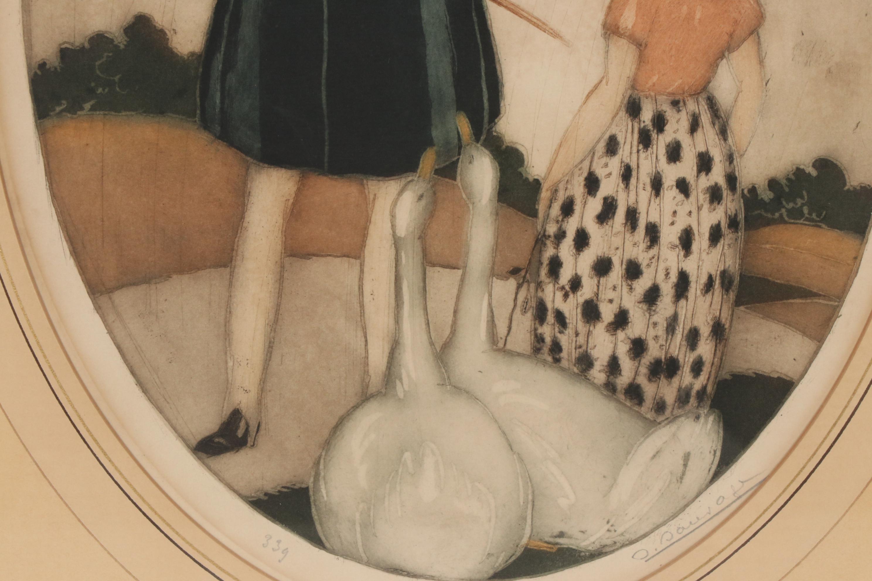 Sylvain Sauvage Aquatint Etching "Personages with Geese", 1924