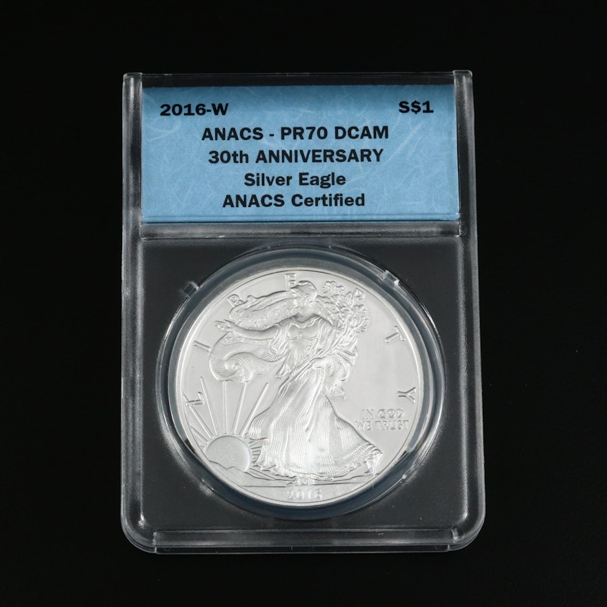 Low Mintage ANACS Graded PR70 DCAM 30th Anniversary 2016-W Proof Silver Eagle