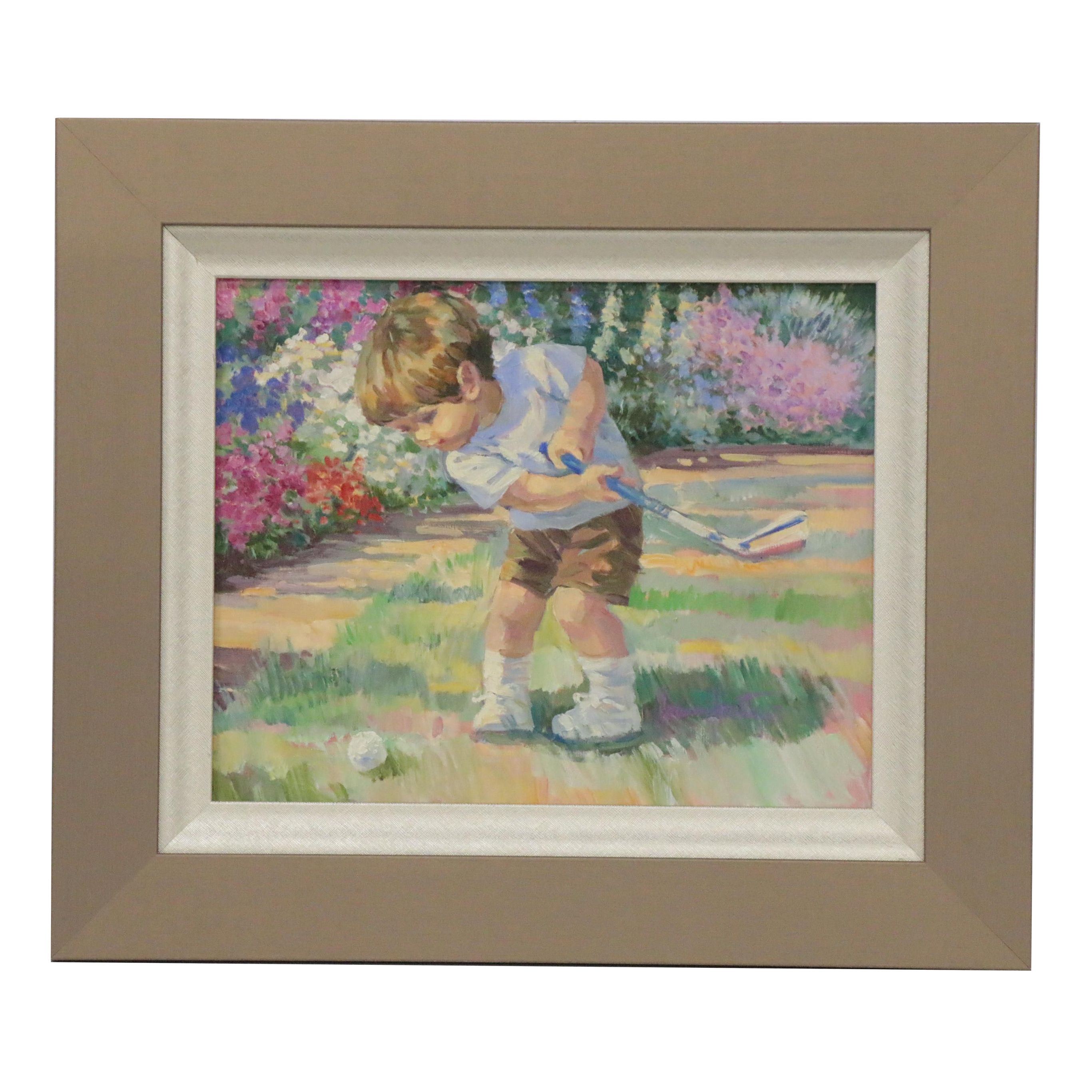Corinne Hartley Oil Painting of Young Boy Golfing