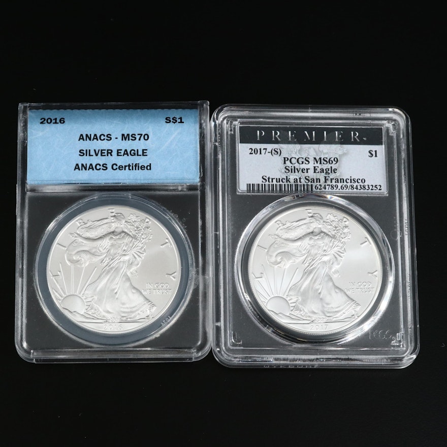 ANACS Graded MS70 2016 and PCGS Graded MS69 2017(S) Silver Eagles