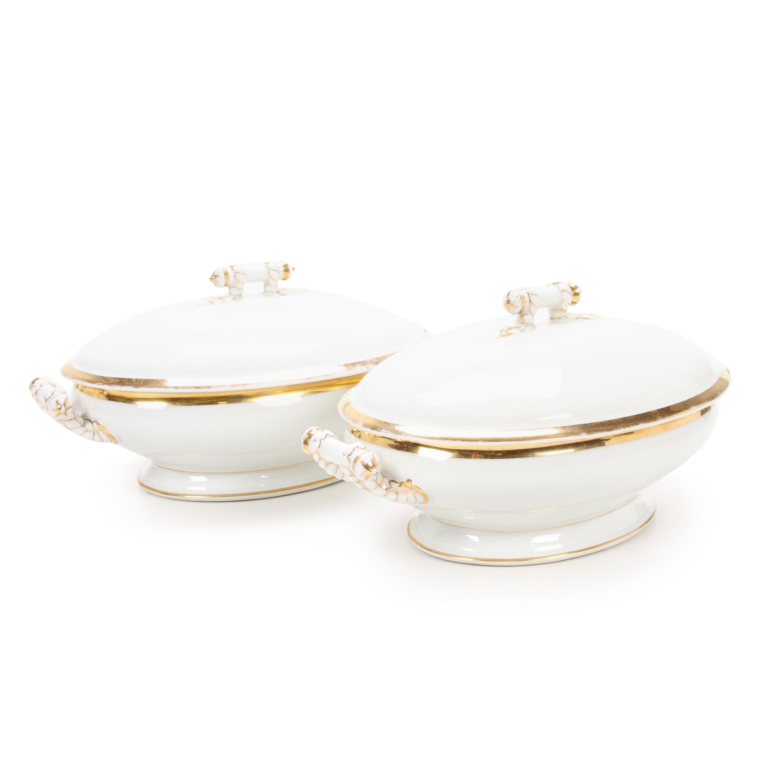 Haviland & Co. Limoges White and Gilt Porcelain Oval Tureens