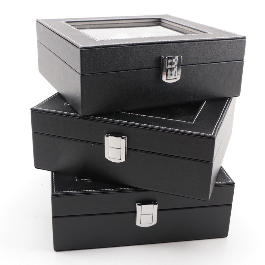 Three Black Leatherette Watch Display Boxes