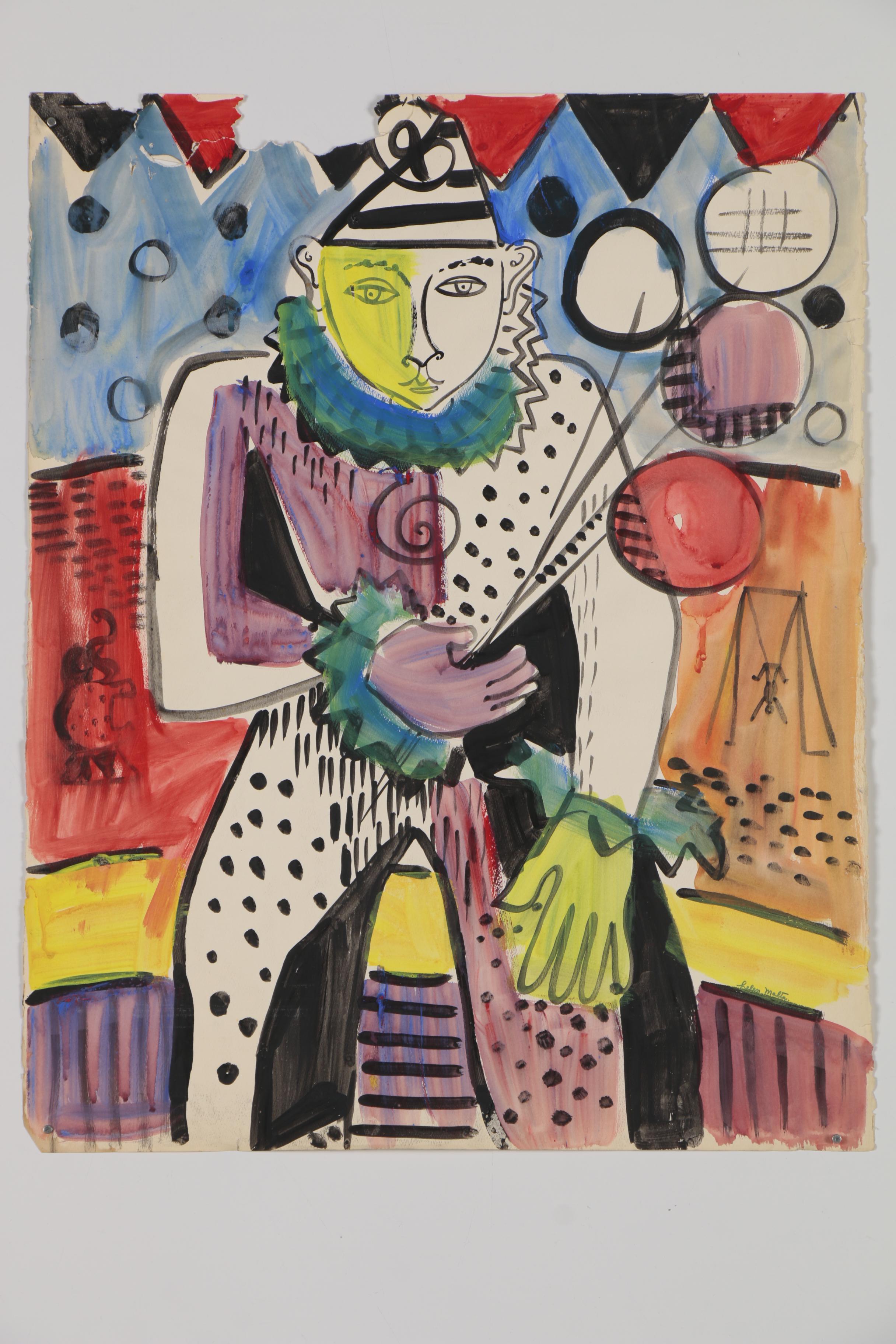 Helen Malta Modernist Acrylic Painting of Circus Performer, Mid 20th Century
