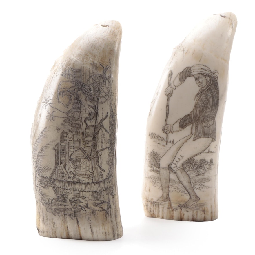 Faux Scrimshaw Whale Teeth with Colonial Island Scenes